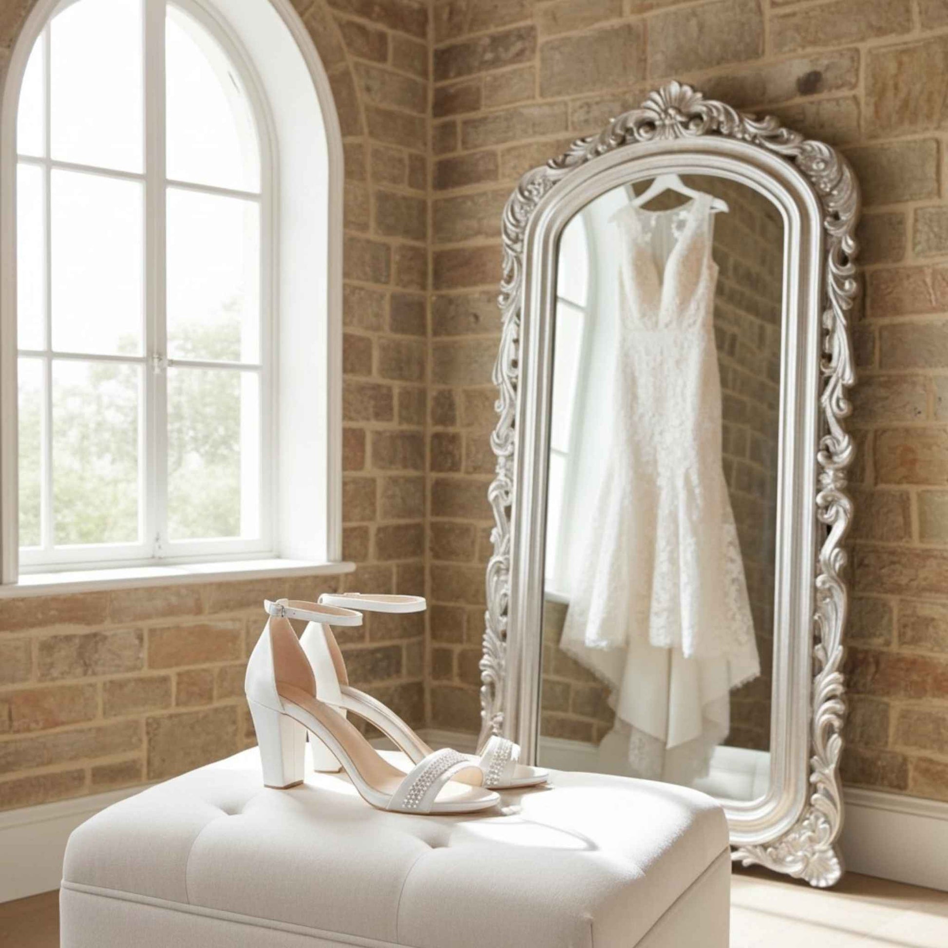 Ivory wedding dress and crystal bridal shoes on a white ottoman with a decorative mirror in a room with brick walls and a window.