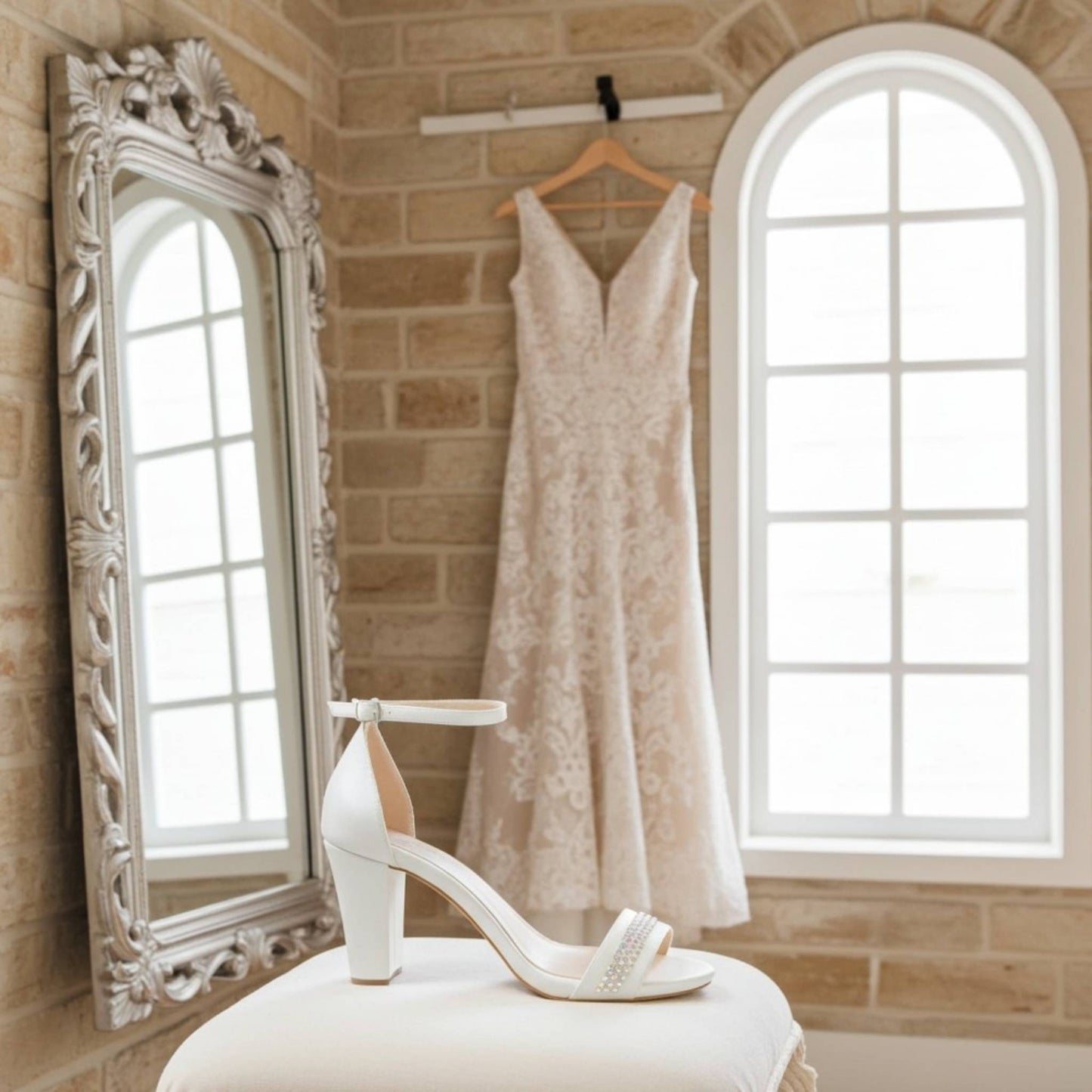 Lace wedding dress hanging on a brick wall with a decorative mirror and block heel ivory shoes on a stool.