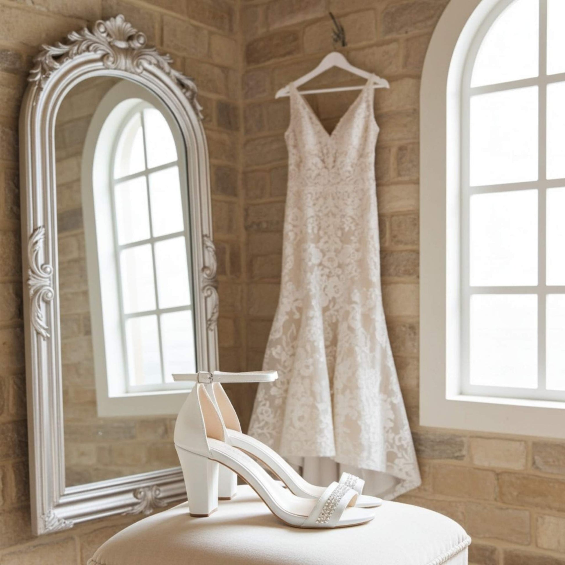 Lace wedding dress hanging on a brick wall with a mirror and ivory wedding shoes on a stool.