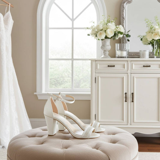 Ivory block heel shoes on a beige ottoman with a wedding dress and flowers in the background.