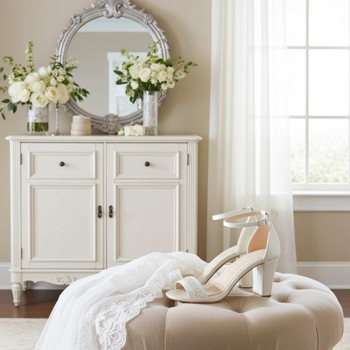 Ivory high-heeled shoes on a white ottoman with a decorative mirror and flowers in the background.