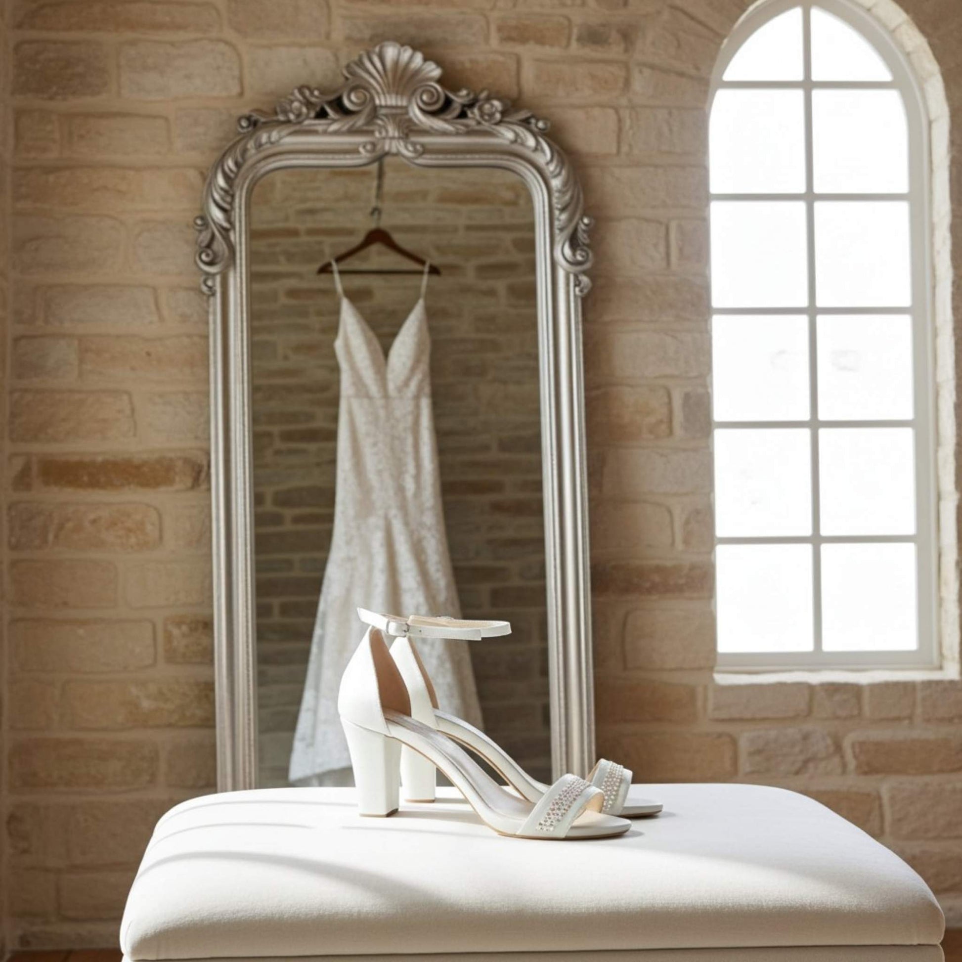 Ivory wedding dress hanging in a large ornate mirror with crystal high-heeled bridal shoes on a stool in front.
