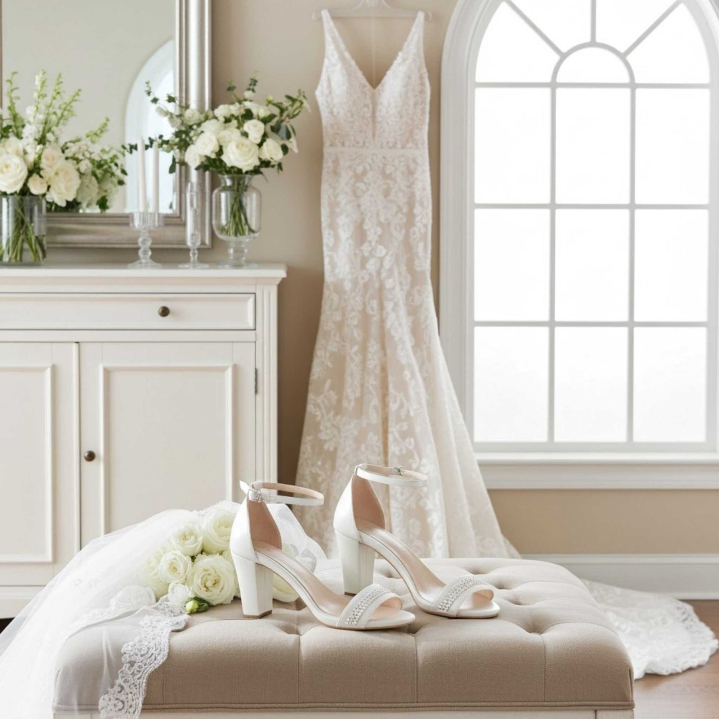 Ivory lace wedding dress on a stand with ivory bridal shoes and flowers on a bench in a room.