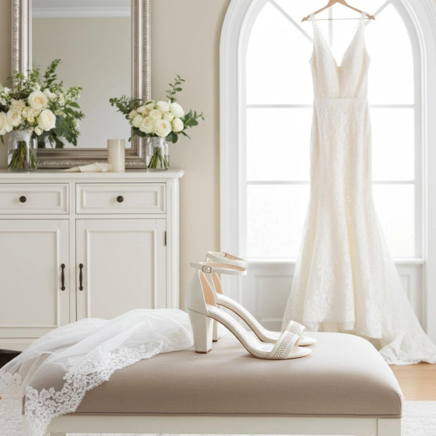 White wedding dress hanging in a room with block heel shoes and a veil on a stool.