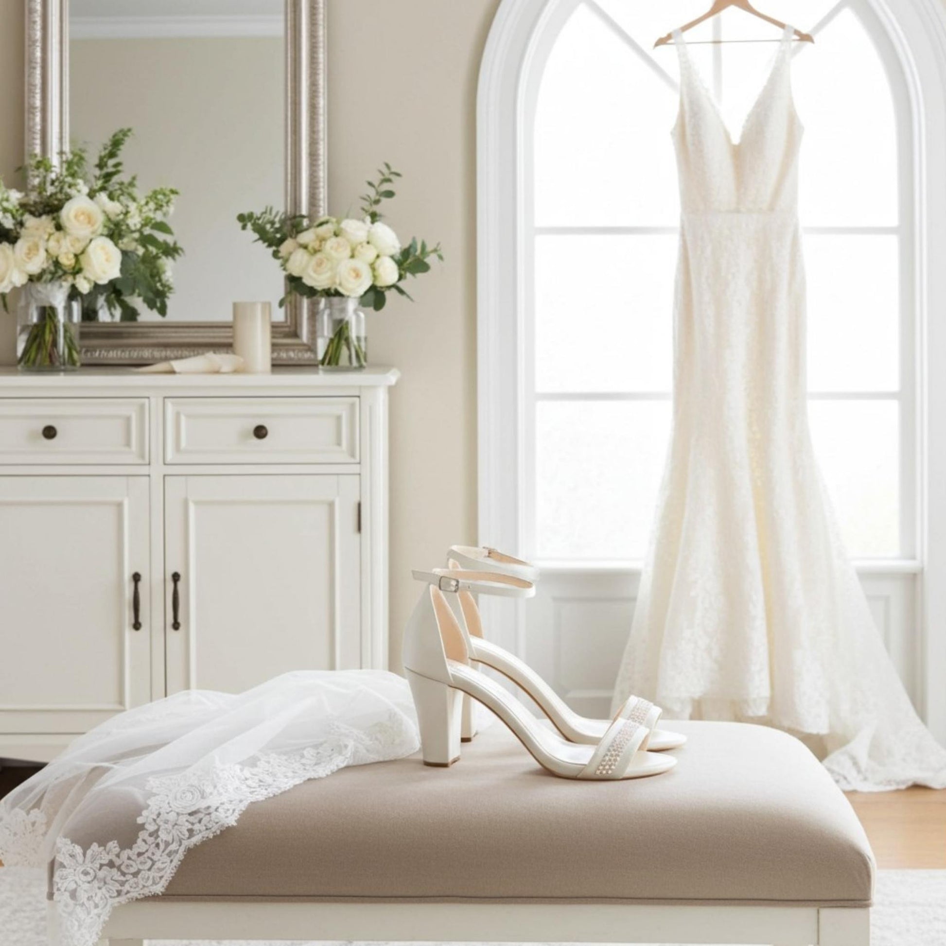 White wedding dress hanging in a room with block heel shoes and a veil on a stool.