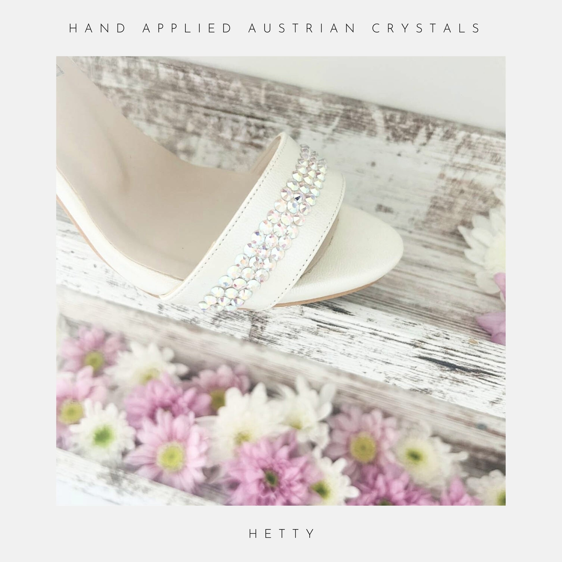 A close up image of open toe bridal shoes showing the crystals on the shoes.