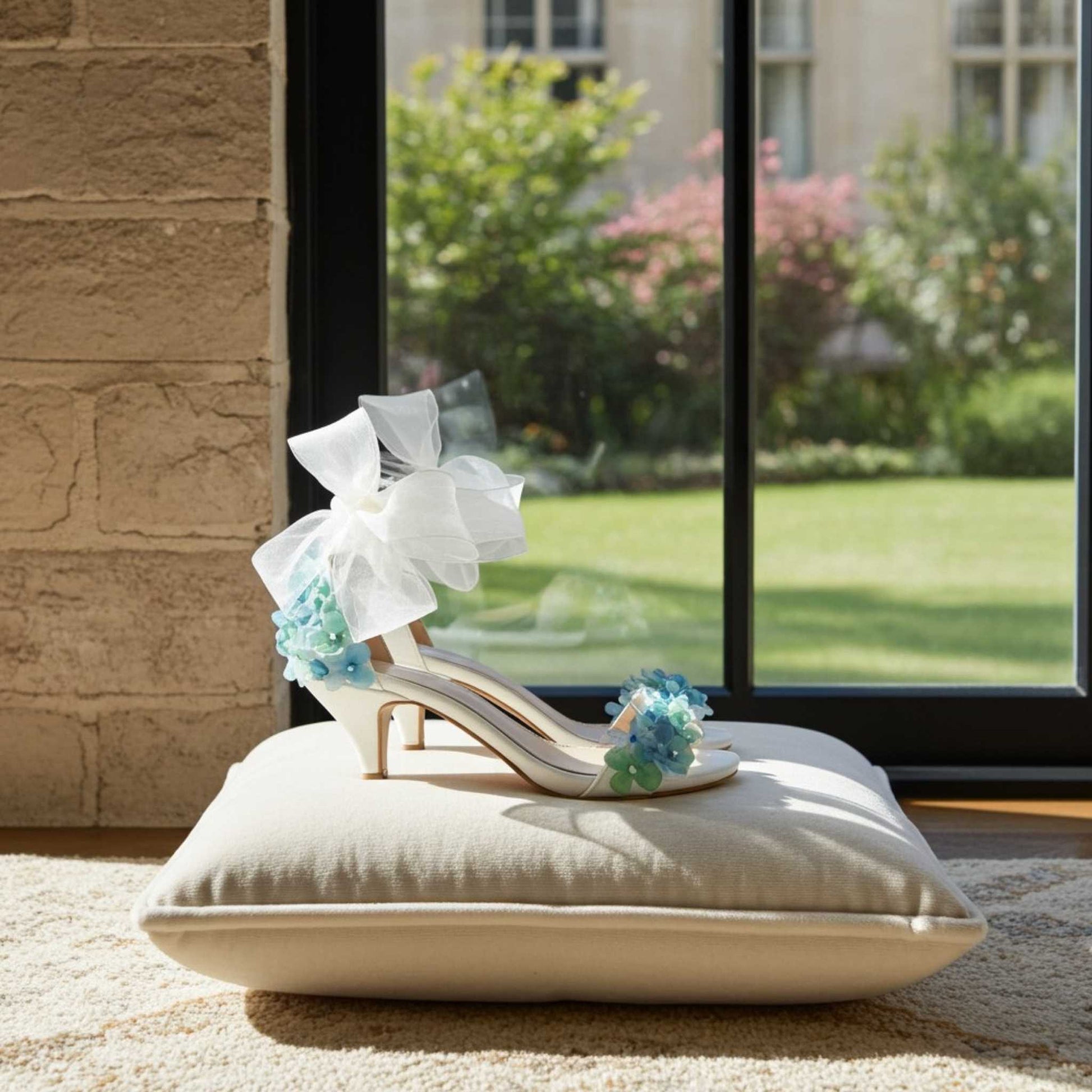 Ivory kitten-heeled shoe with floral decorations on a cushion in front of a window with a garden view.