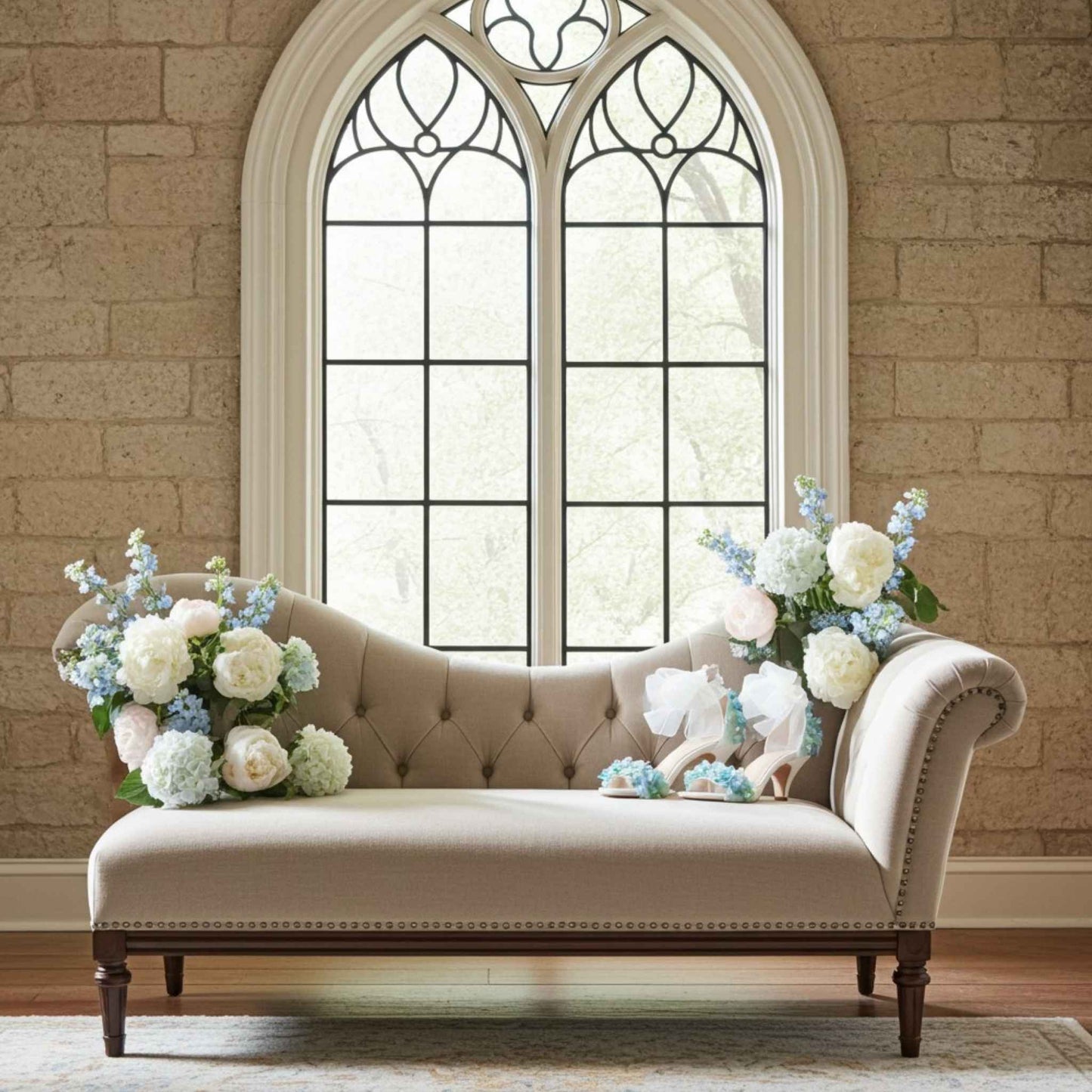 Beige chaise lounge with floral arrangements and matching bridal shoes against a stone wall and large window.