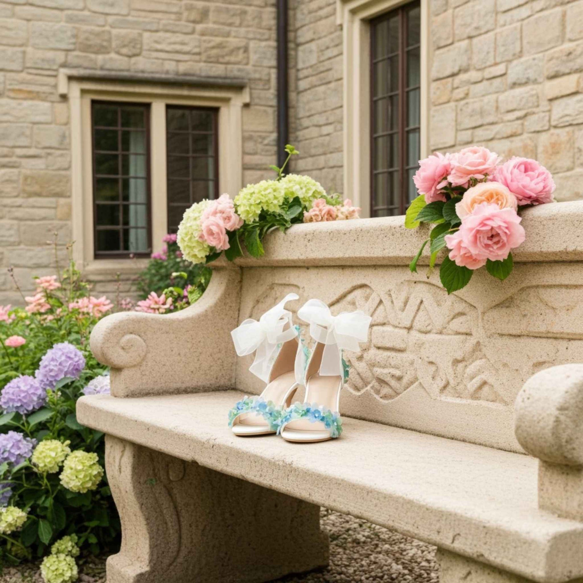 Stone bench with floral arrangements and blue floral bridal sandals on a stone building background