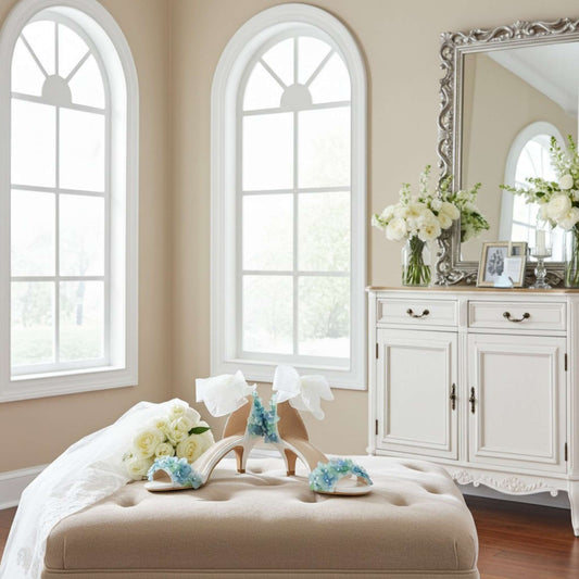 Decorative bridal shoes with floral details on a bed in a stylish bedroom.