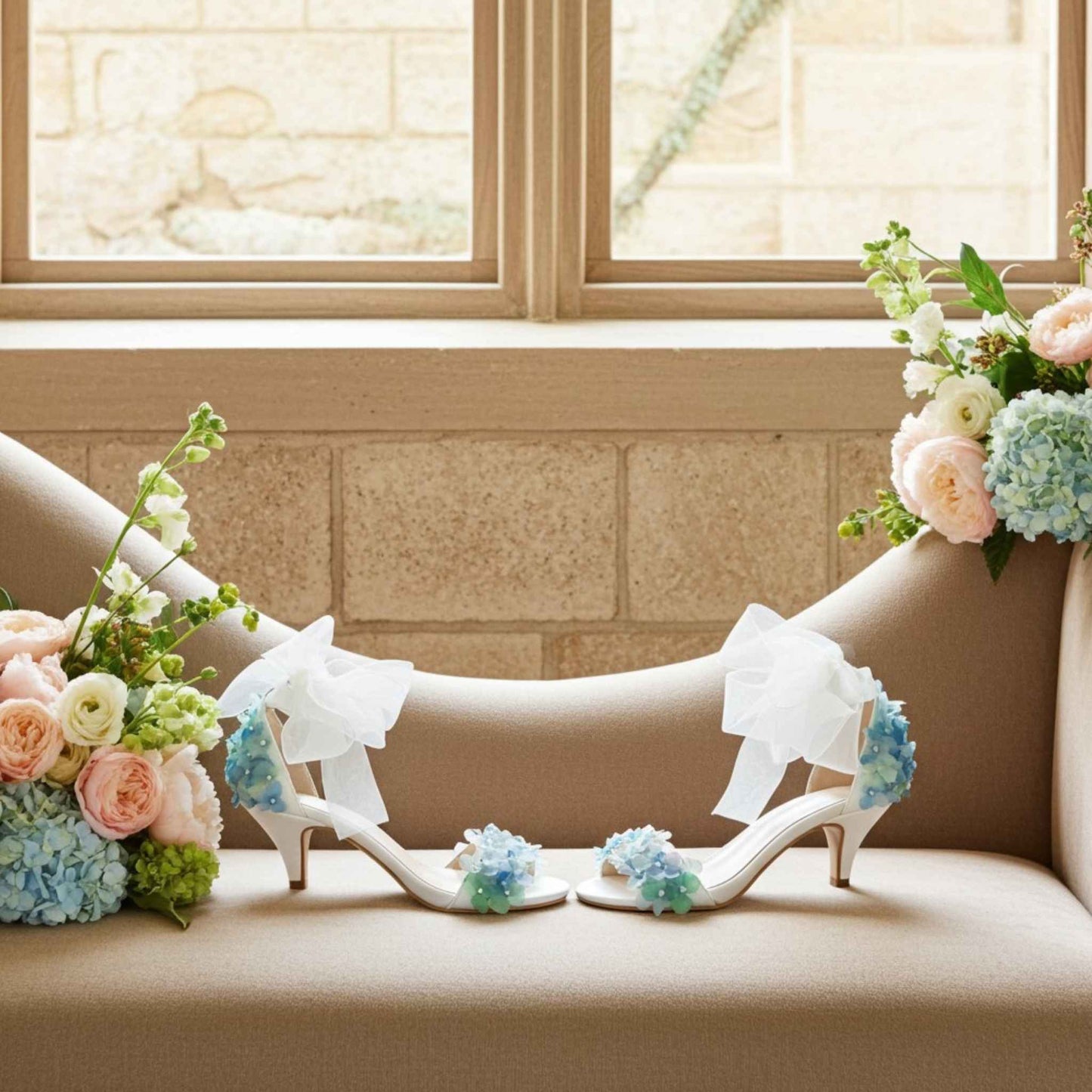 Ivory kitten heel shoes with floral decorations on a beige chaise near a window.