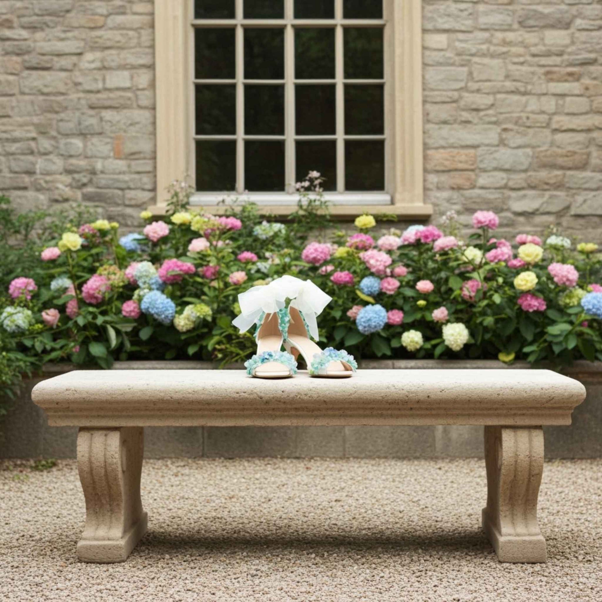 Pair of kitten-heeled shoes on a stone bench with flowers in the background