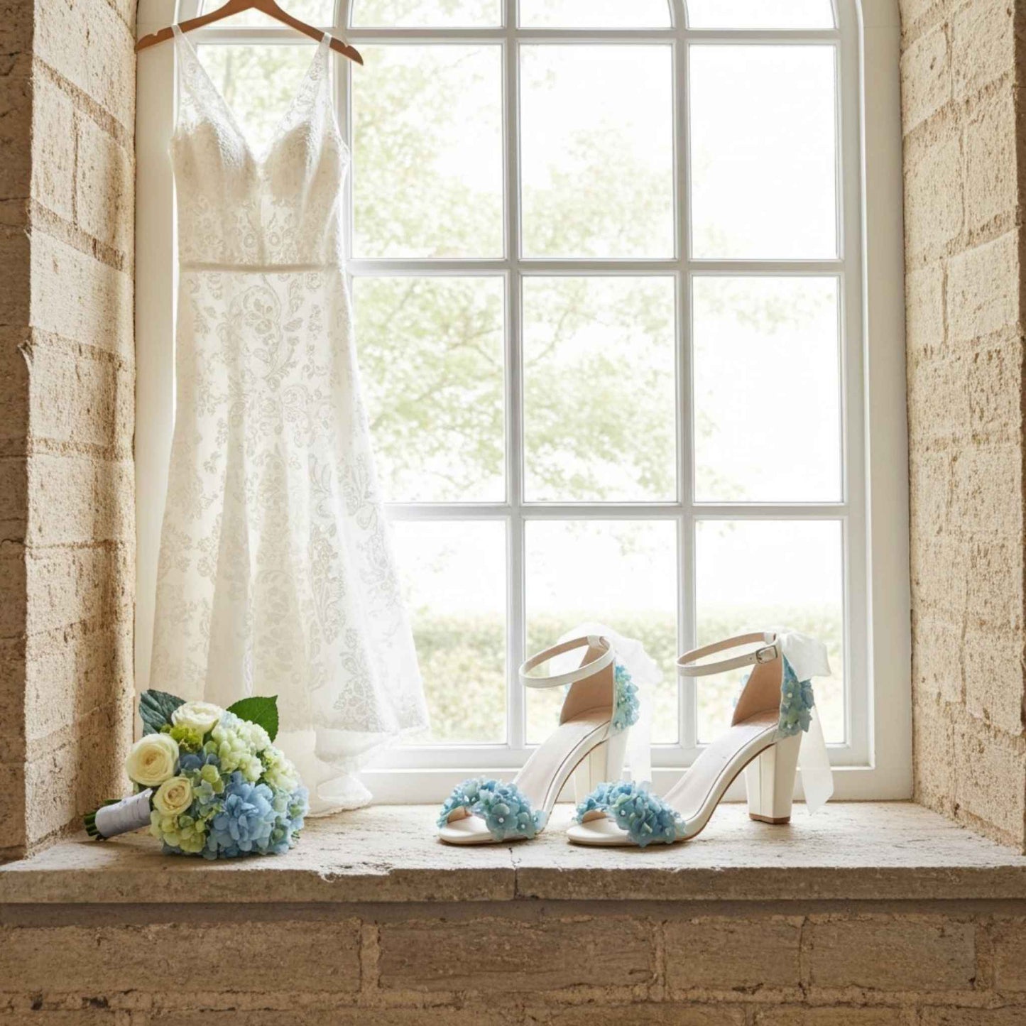 Pair of floral bridal heels with block heels and large window behind with gown hanging.