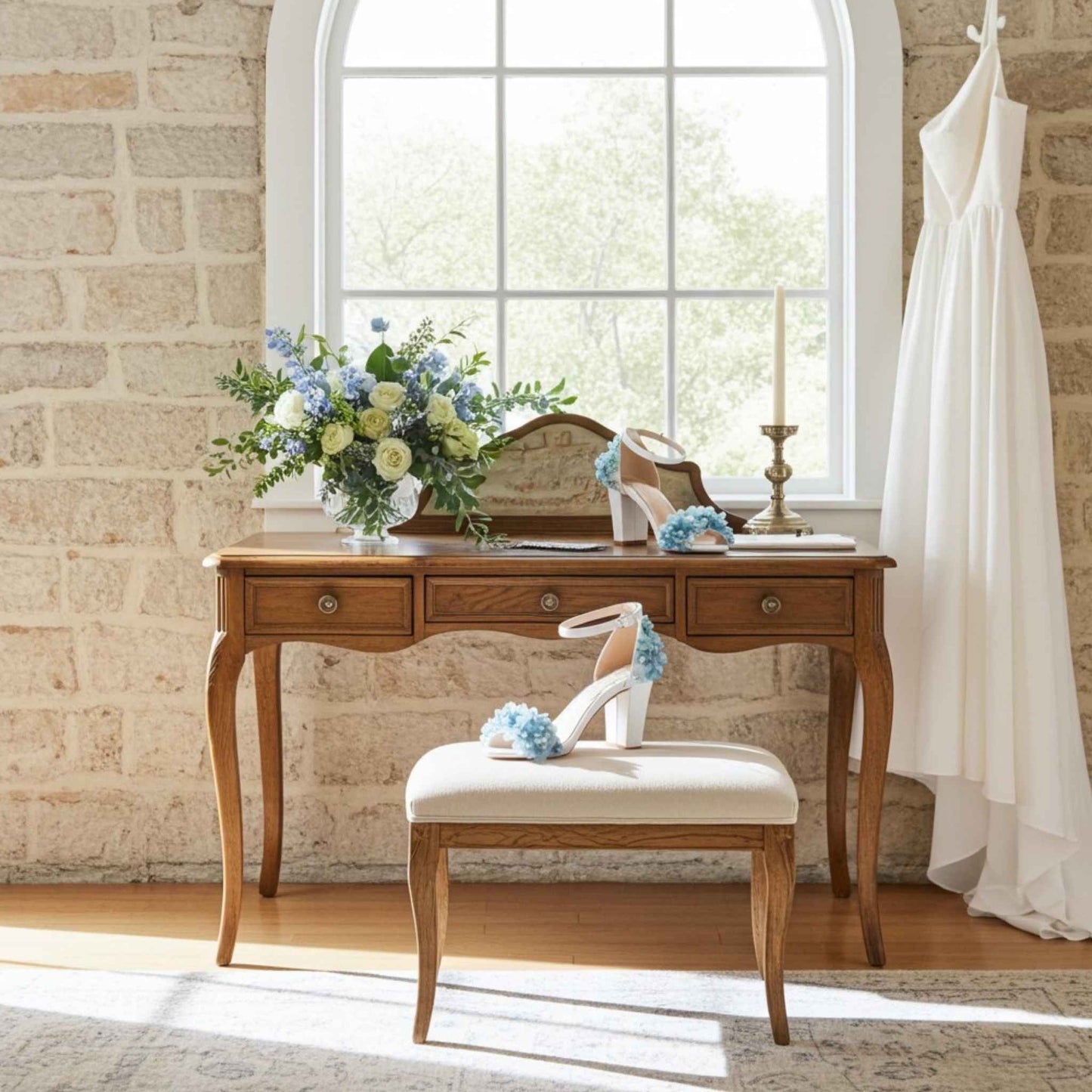 Wooden vanity table with mirror, flowers, and high heel bridal shoes in a room with brick wall and window.