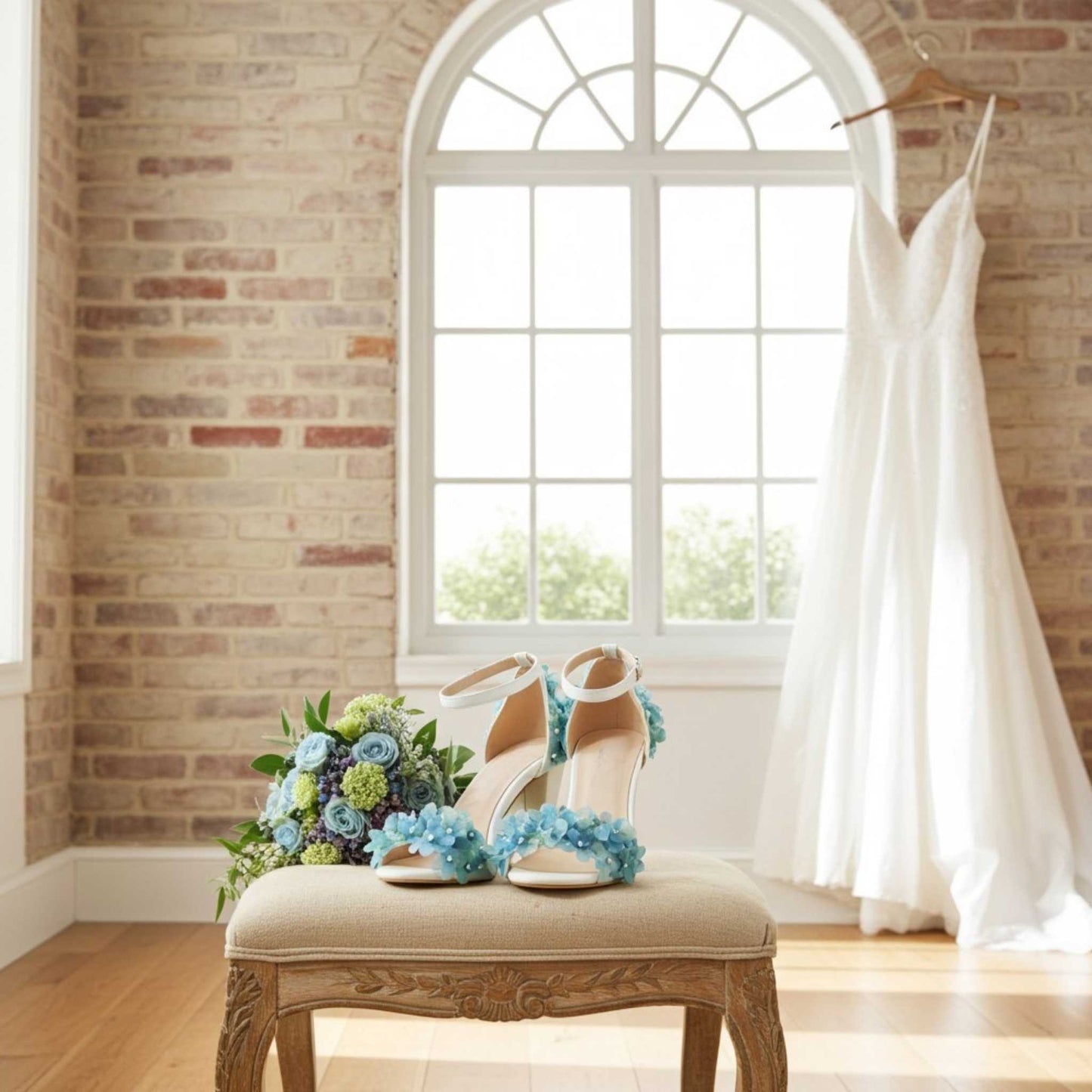White wedding dress hanging on a brick wall with a window, accompanied by a bouquet and floral wedding shoes on a bench.