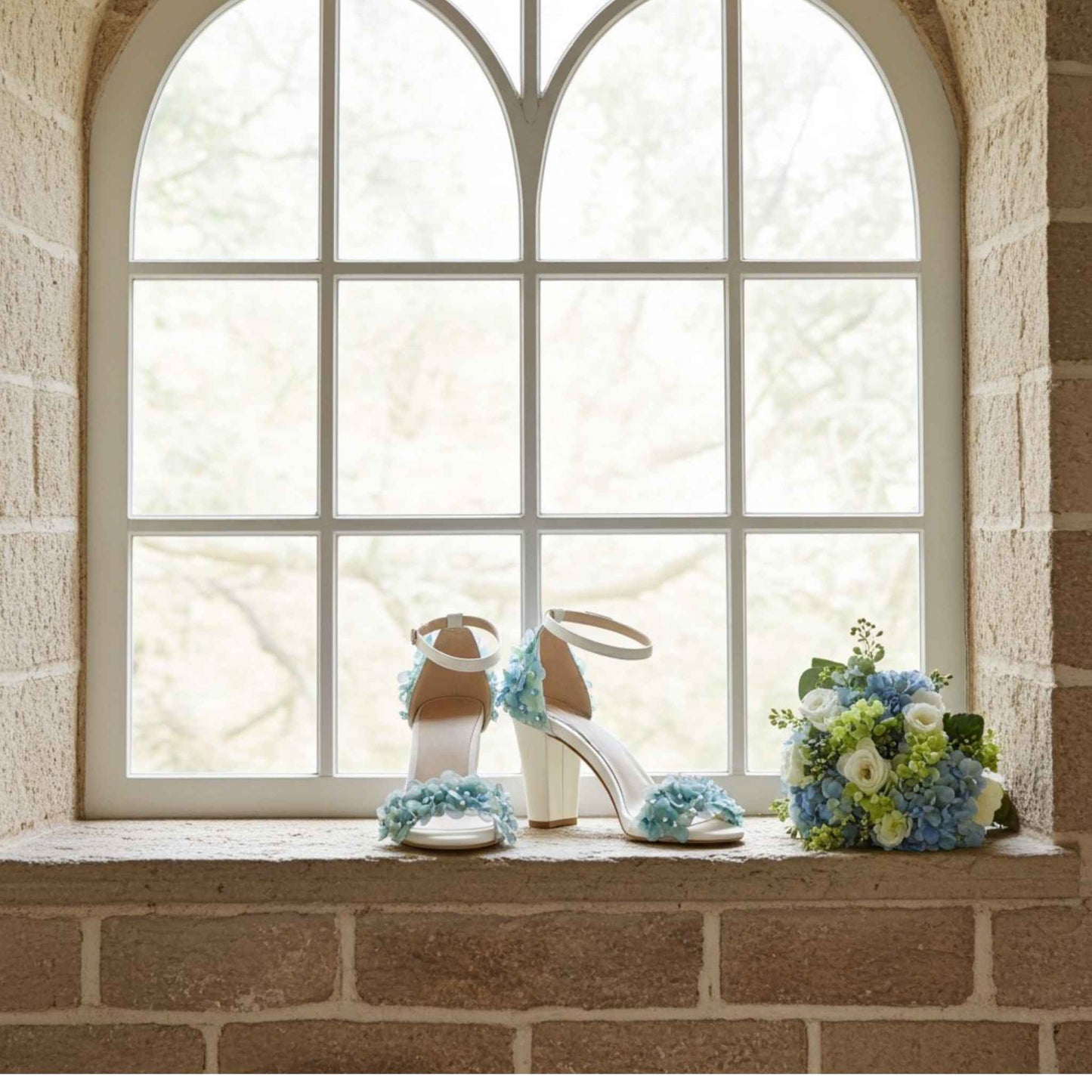 Ivory high-heeled bridal shoes with floral decorations on a windowsill next to a bouquet of flowers.