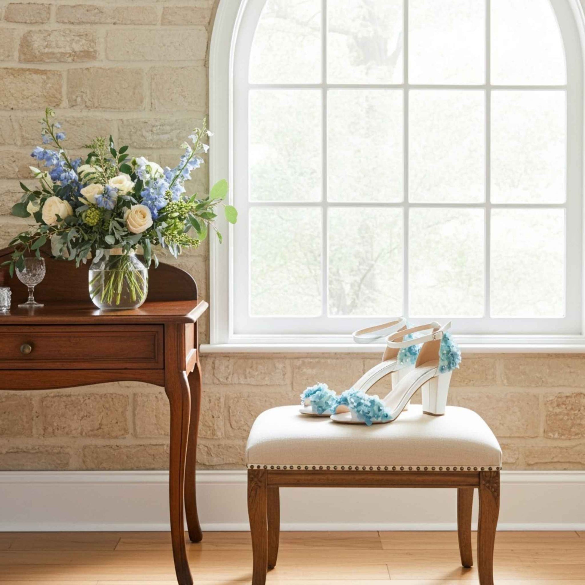 Ivory high-heeled shoes with blue floral design on a stool next to a wooden table with flowers, against a stone wall.