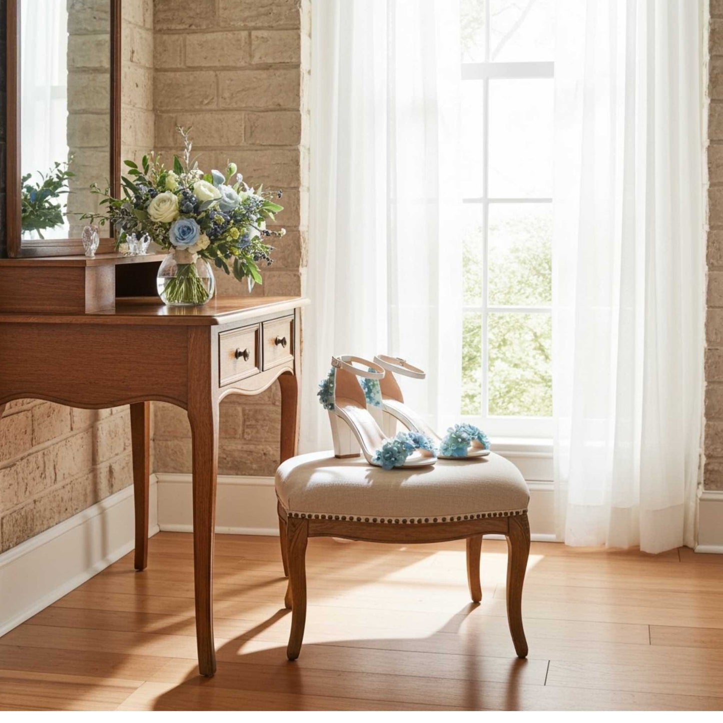 Wooden vanity with floral arrangement, Ivory shoes, and stool in a bright room.