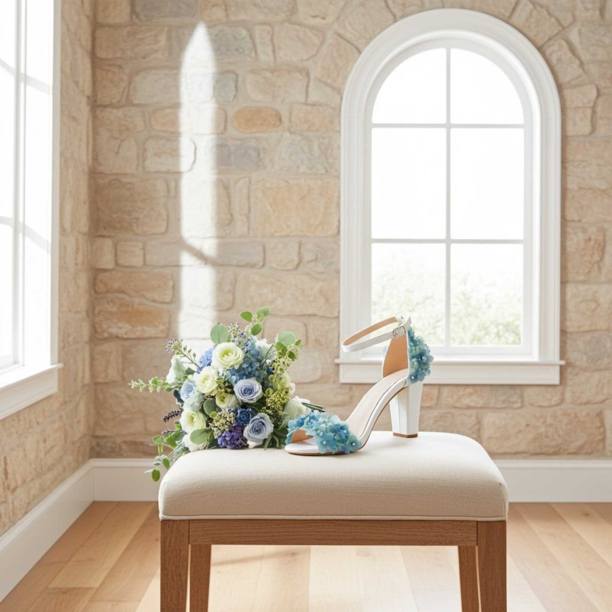 Ivory high-heeled shoe with floral design on a cushioned stool against a stone wall.