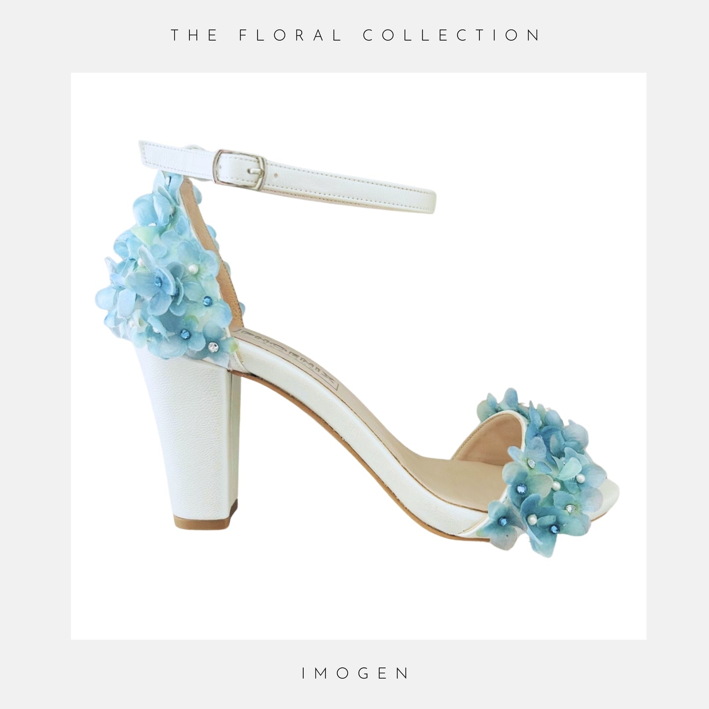 Pretty block heel bridal shoes with blue flowers and an open toe