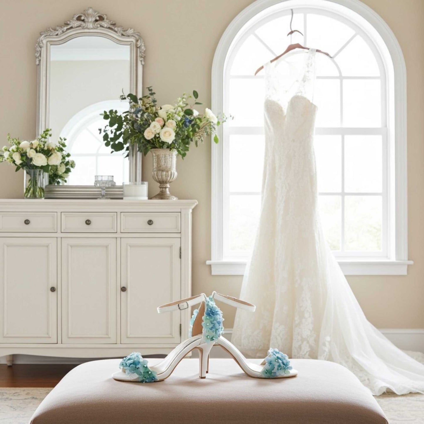 Ivory wedding dress hanging by a window with floral arrangements and floral bridal shoes on a stool.