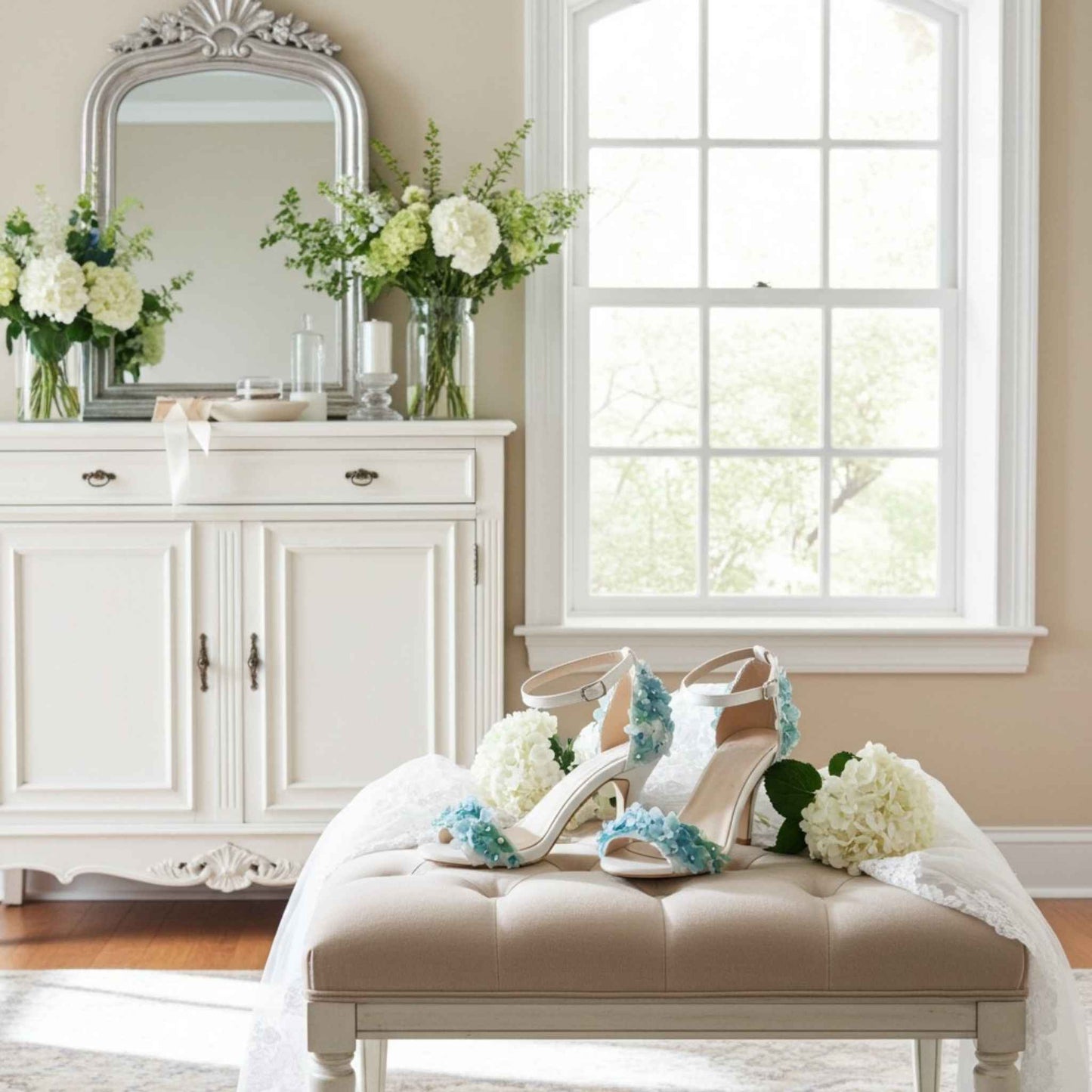 Ivory high-heeled shoes with decorative elements on a beige ottoman in a bright room with flowers and a mirror.