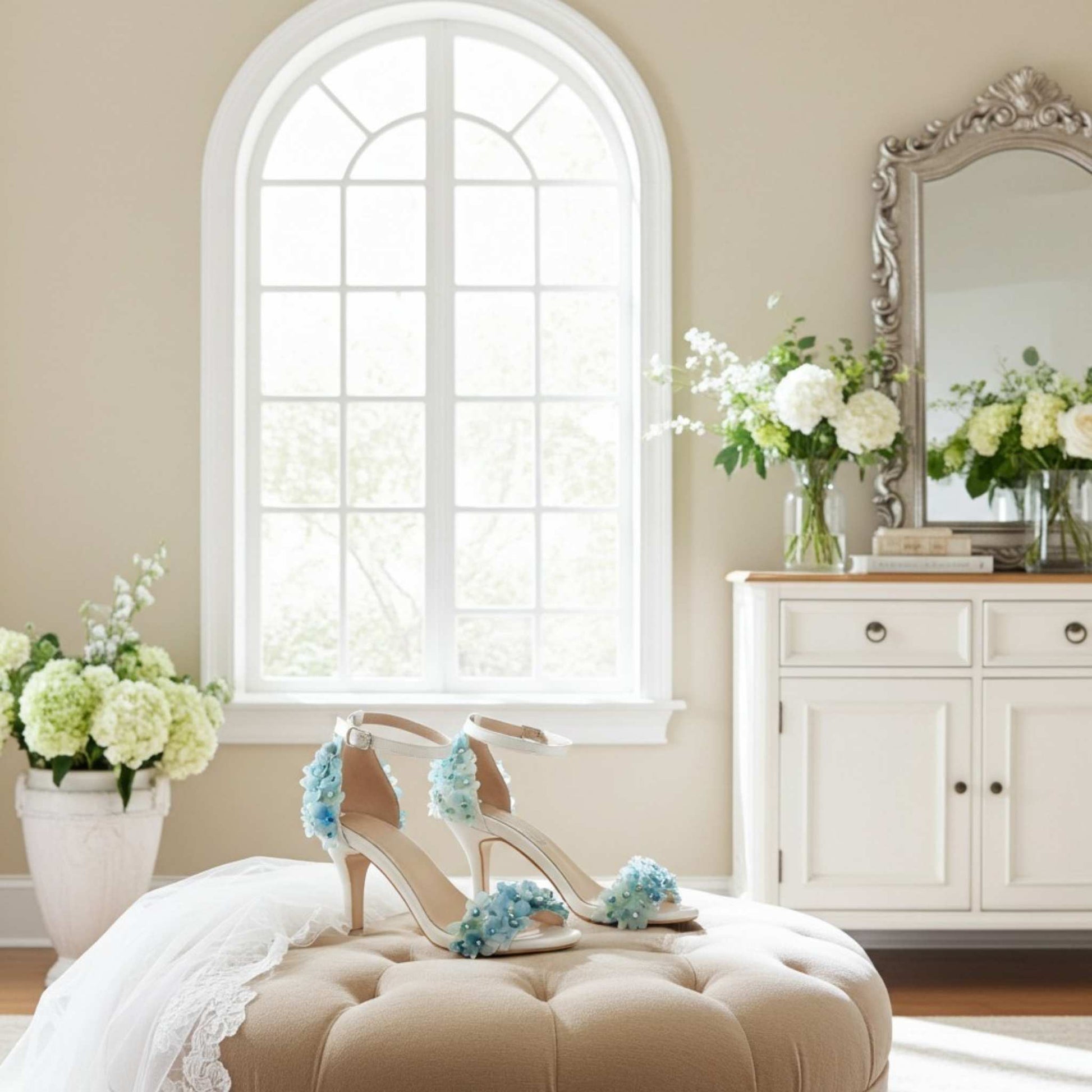 Pair of high-heeled wedding shoes with decorative flowers on a beige ottoman in a room with a large window and decorative mirror.