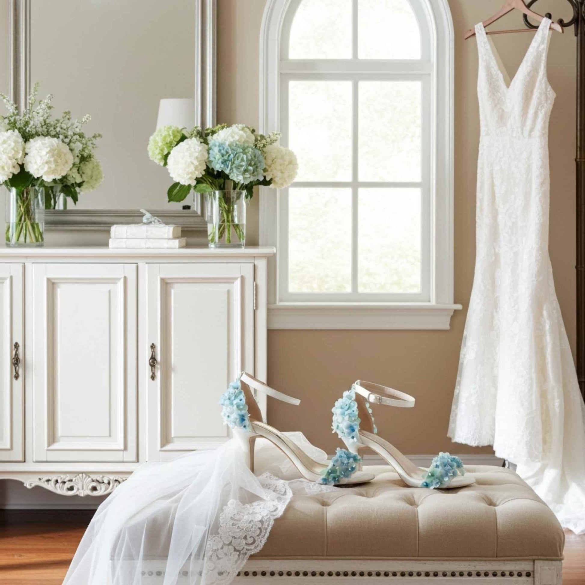 Wedding dress hanging with bridal shoes and flowers on a fabric stool with a wedding veil in a room.