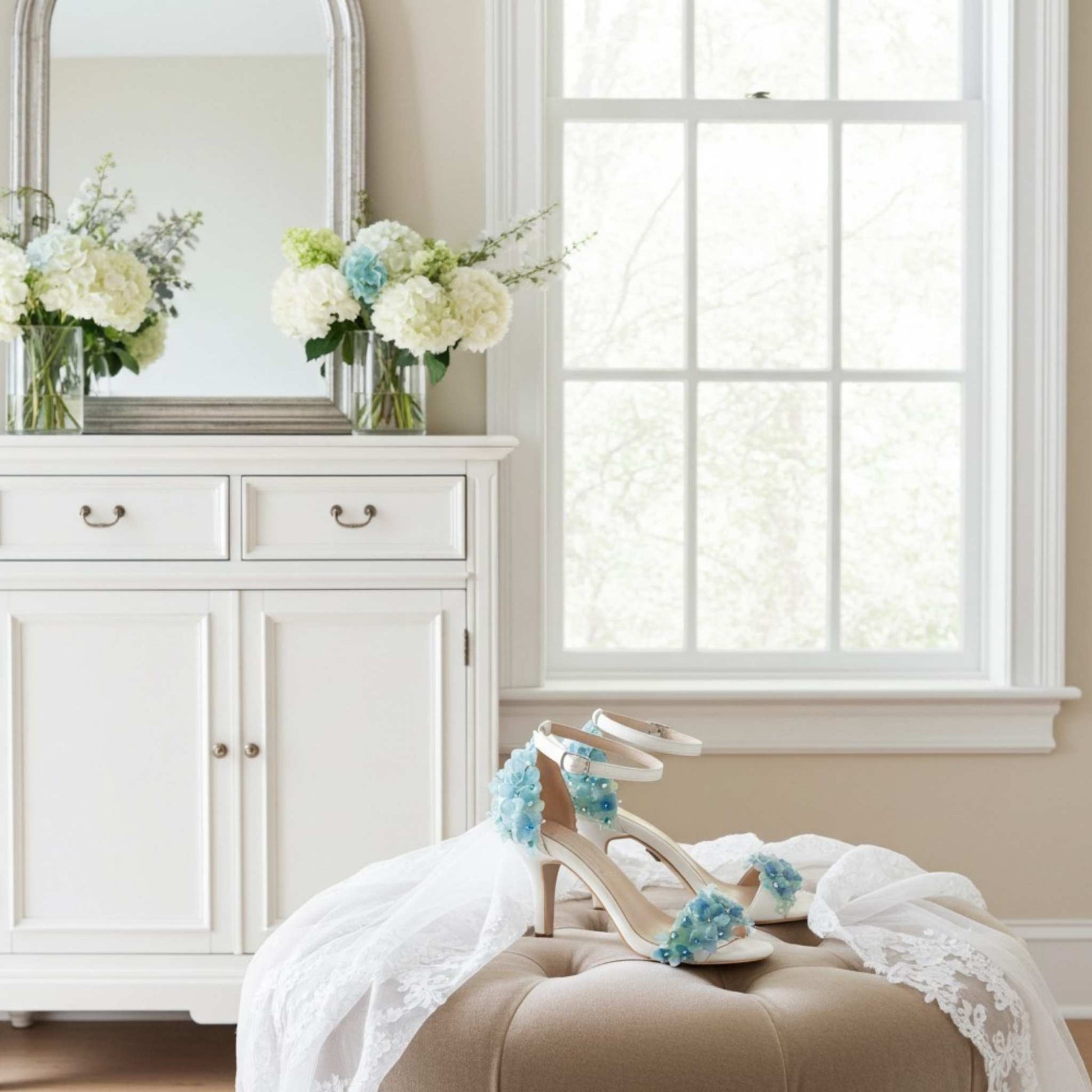Pair of high-heeled shoes with floral decorations on a beige ottoman in a bright room.