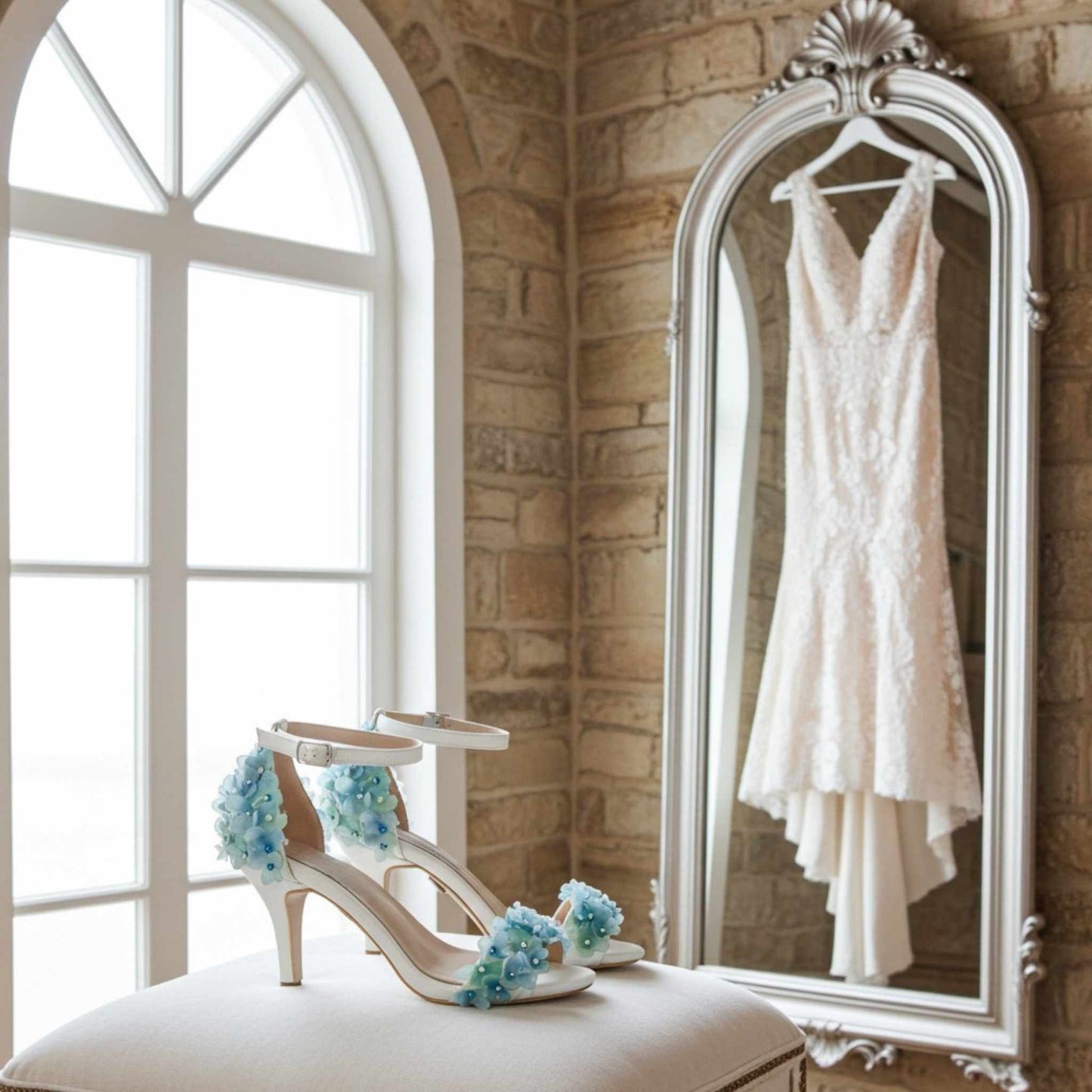 Ivory wedding dress hanging in a mirror with Ivory shoes with blue flowers on a cushion by a window.