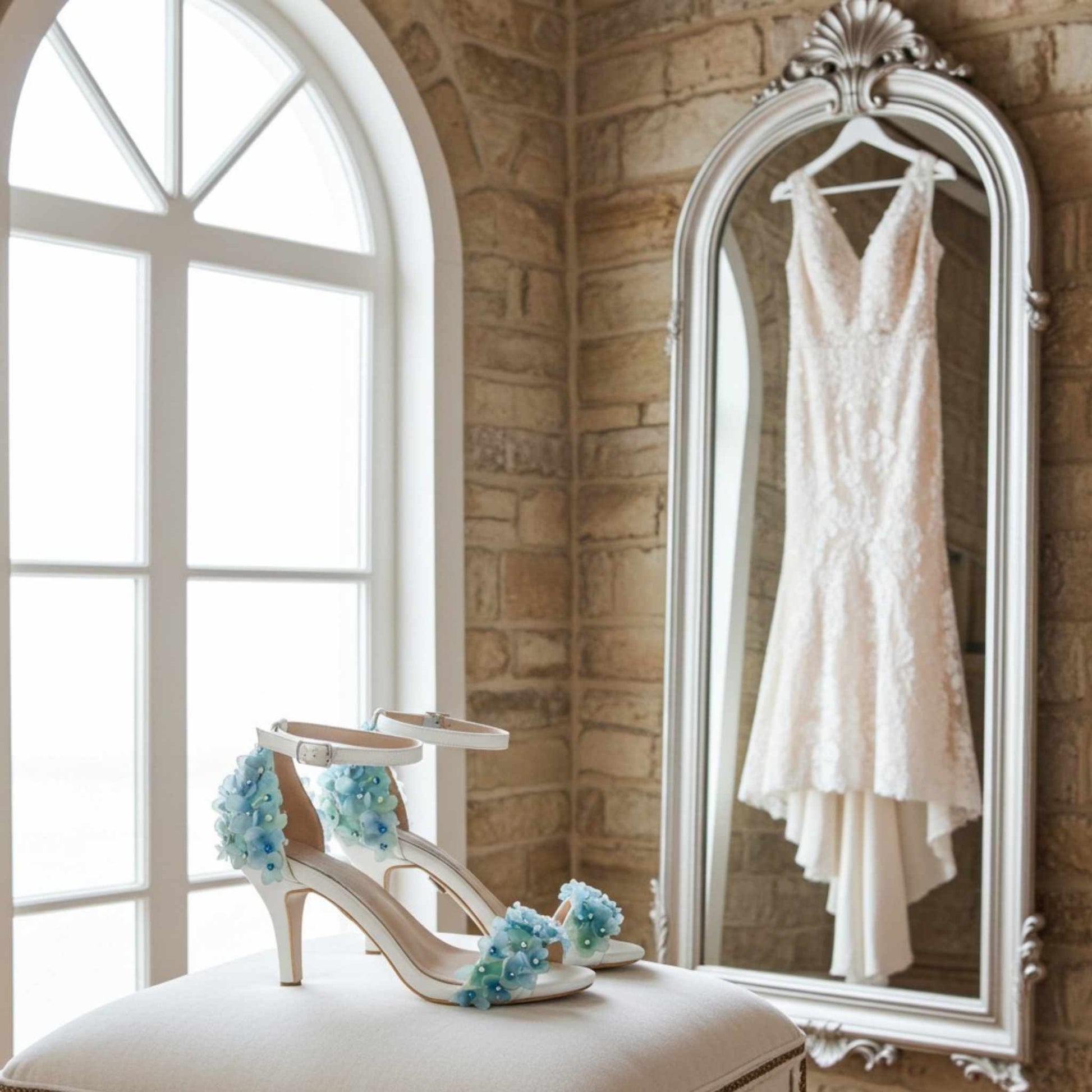 Ivory wedding dress hanging in a mirror with Ivory shoes with blue flowers on a cushion by a window.