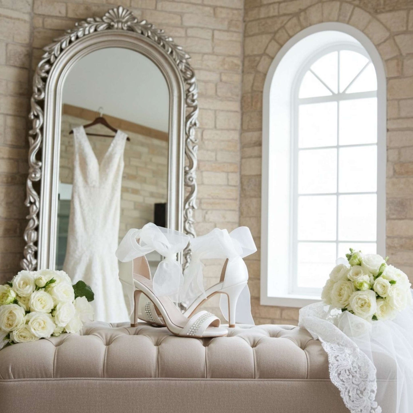 Wedding dress, crystal bridal shoes, and flowers on a fabric stool with a large mirror in the background.