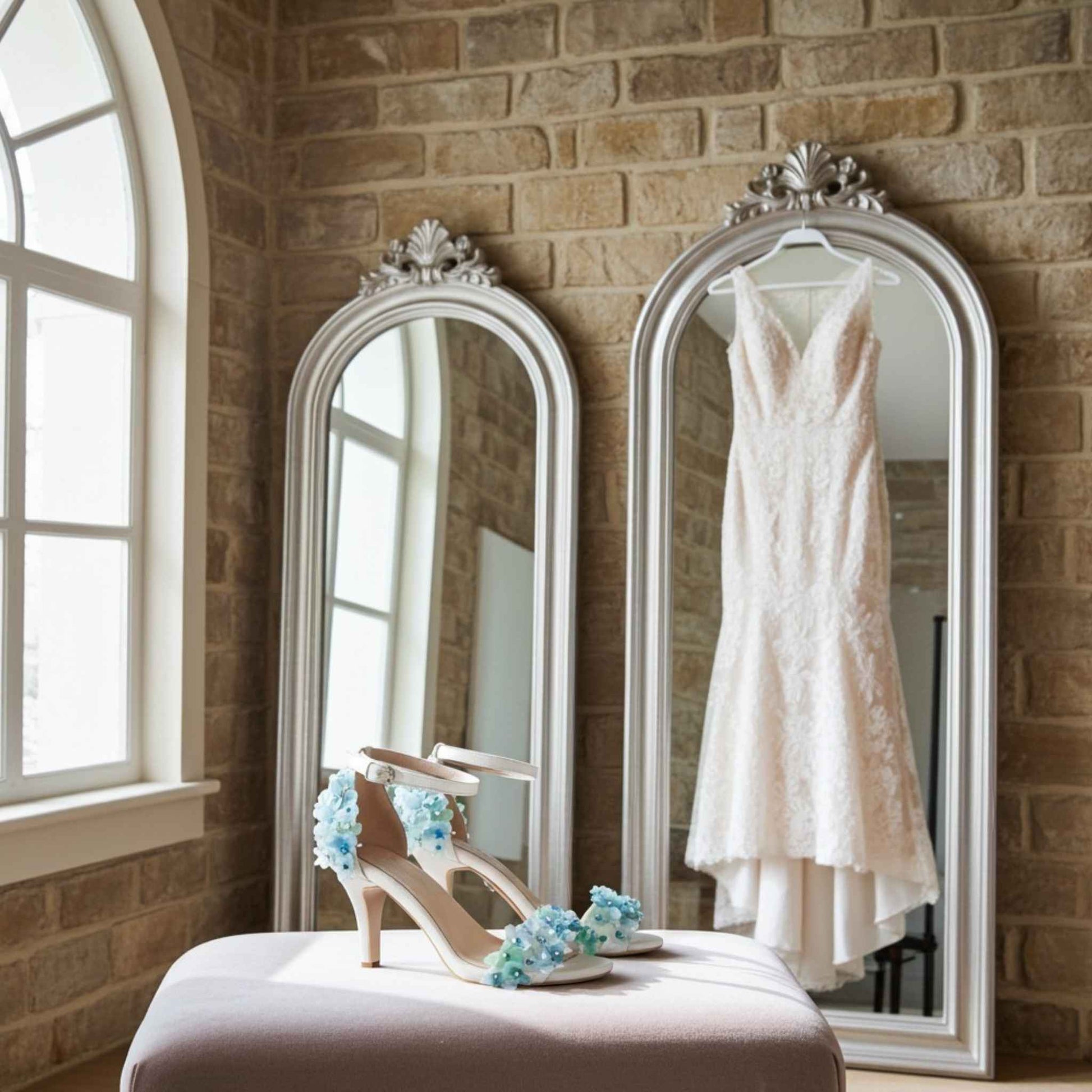 Ivory wedding dress hanging on a mirror with high heels and flowers on a stool in a room with brick walls.