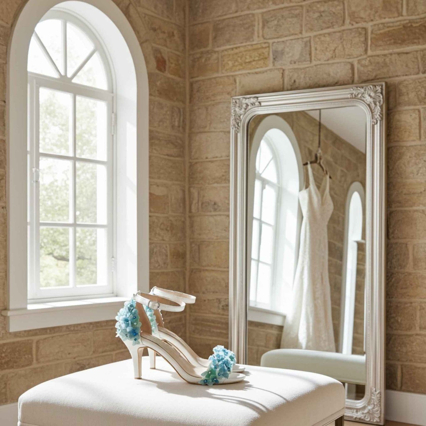 Ivory high-heeled shoe with blue flowers on a white stool next to a large decorative mirror in a room with a brick wall and window.