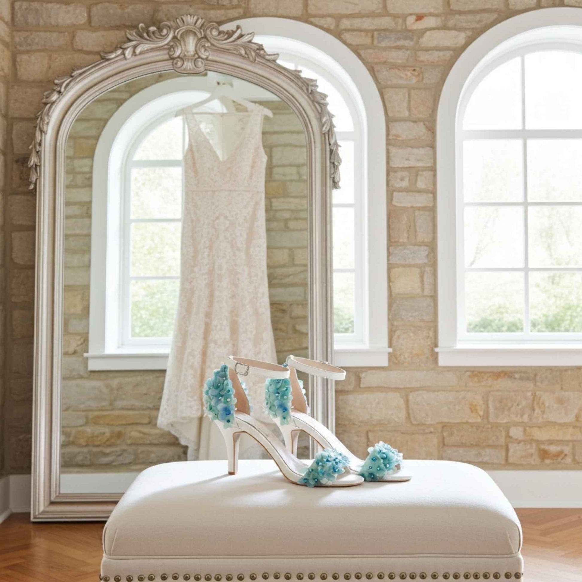 Ivory high-heeled shoe with blue floral decorations on a white ottoman in front of a large mirror reflecting a wedding dress.