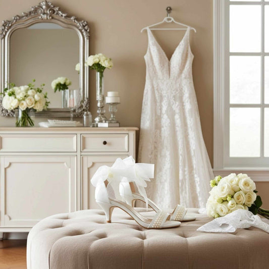 Lace wedding dress hanging on a rack in a room with flowers and a mirror, Pearl kitten heel bridal shoes with organza strap are on a beige pretty stool.