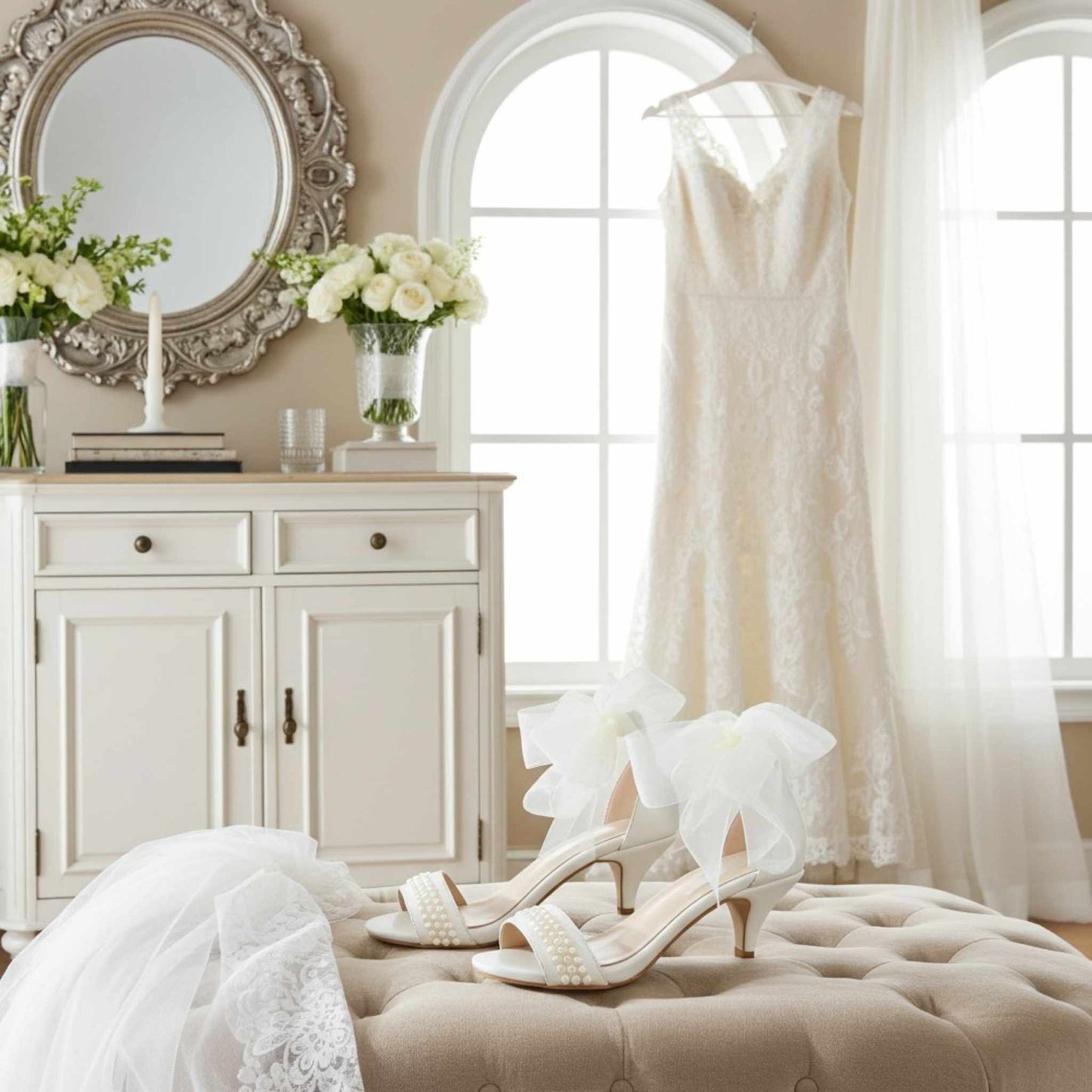 Ivory pearl kitten-heeled shoes with ruffles on a bed in a bedroom setting.