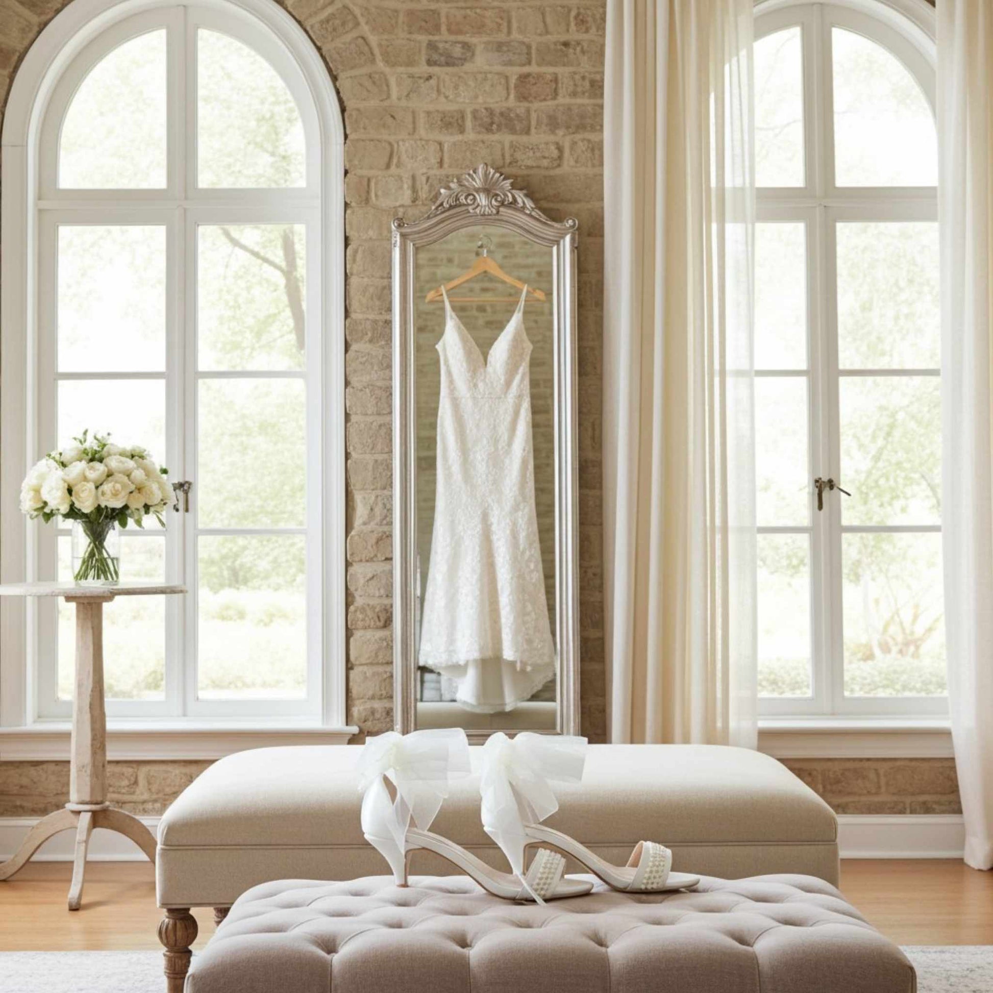 Ivory wedding dress hanging in a room with large windows and a stone wall. Kitten heel shoes with pearls are on a pretty beige stool.