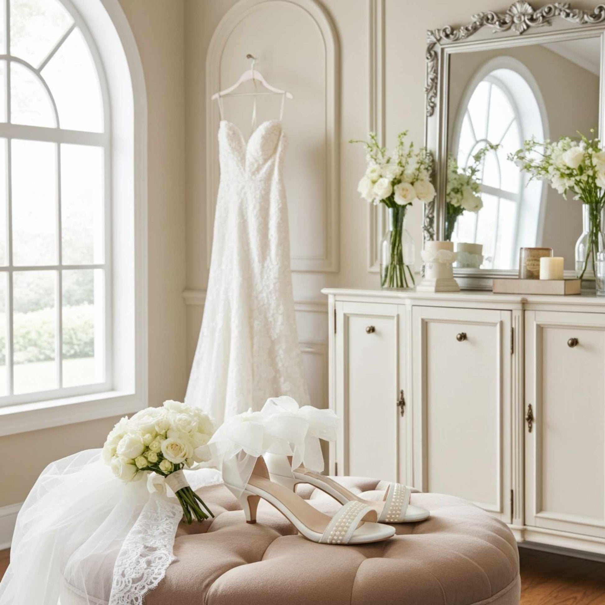 Wedding dress hanging with bridal shoes featuring pearls and white flowers in a decorated room.