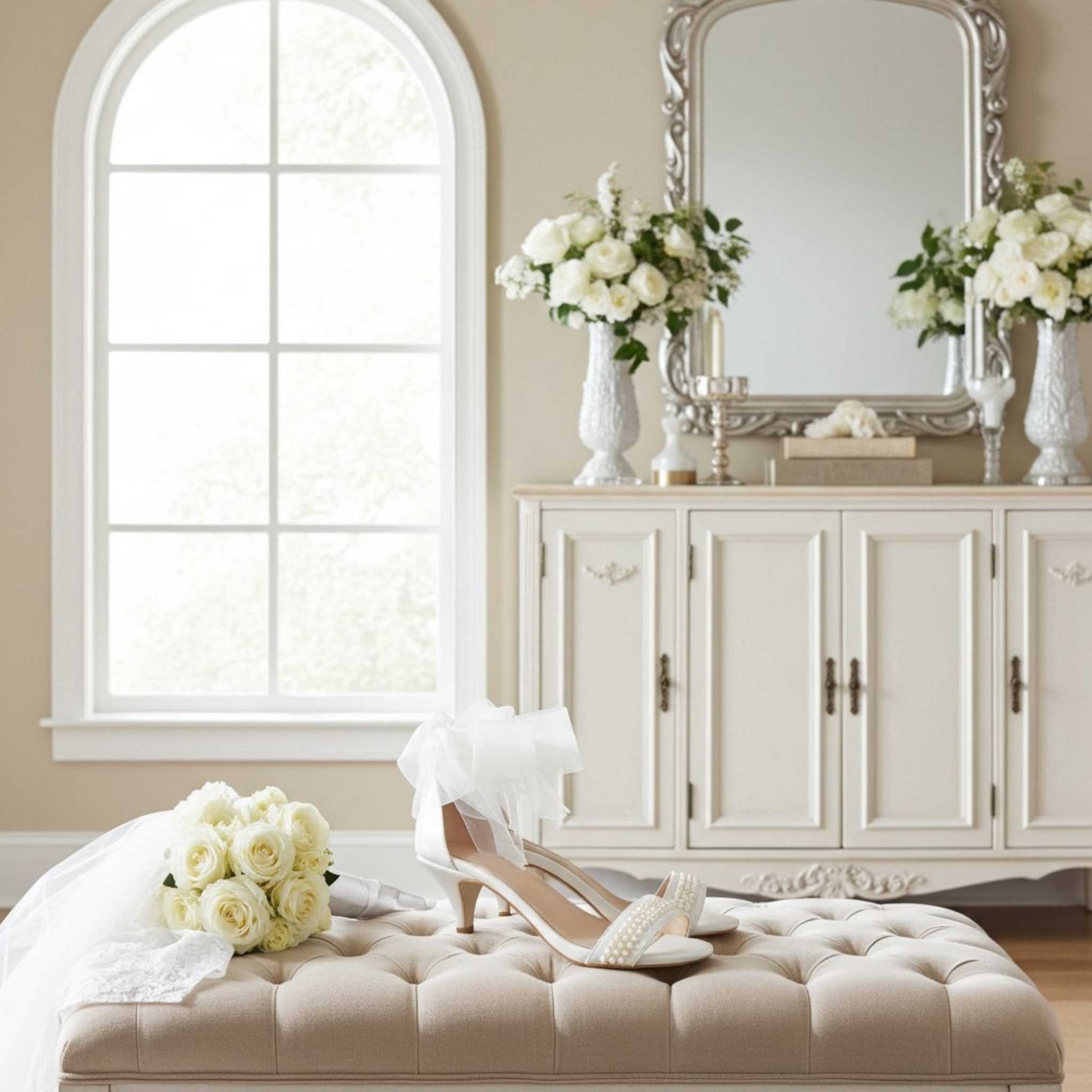 Elegant interior with bridal shoes, flowers, and a large mirror.