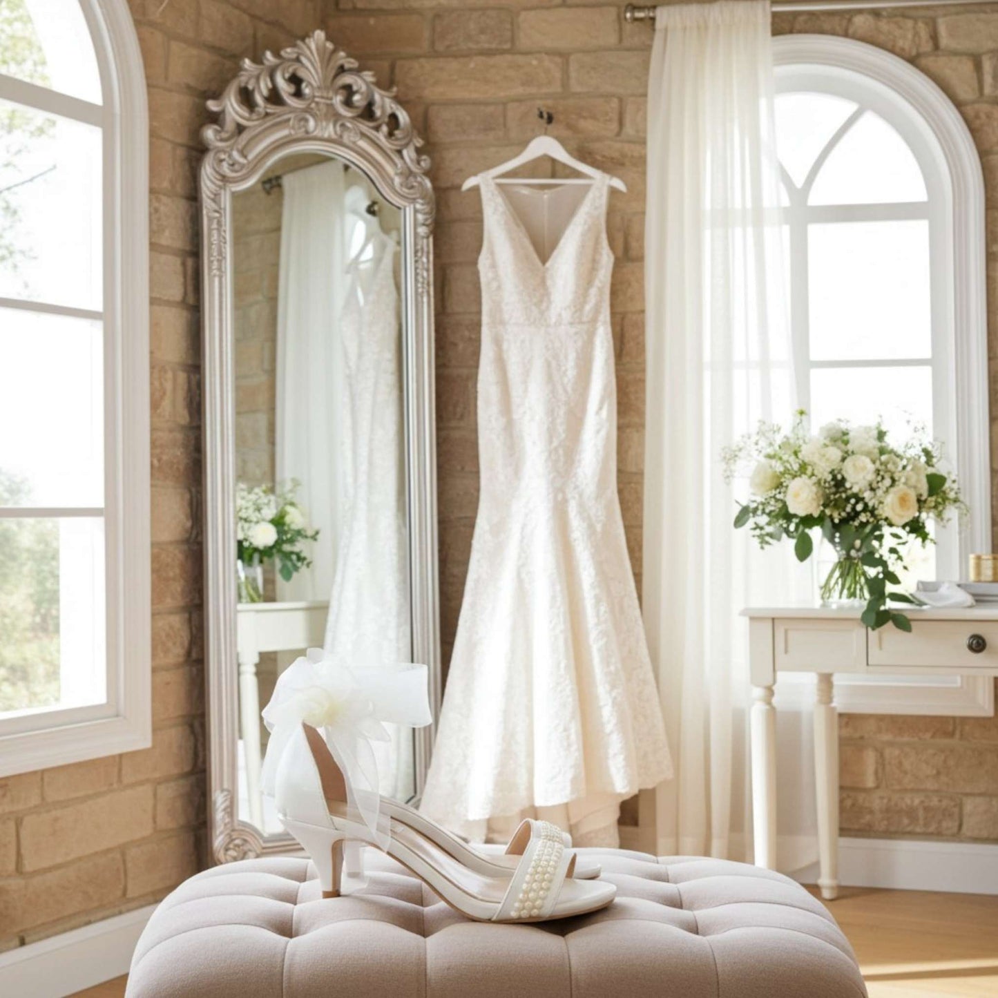 White wedding dress hanging in a room with a mirror and flowers. Pearl bridal shoes are in front on a footstool.