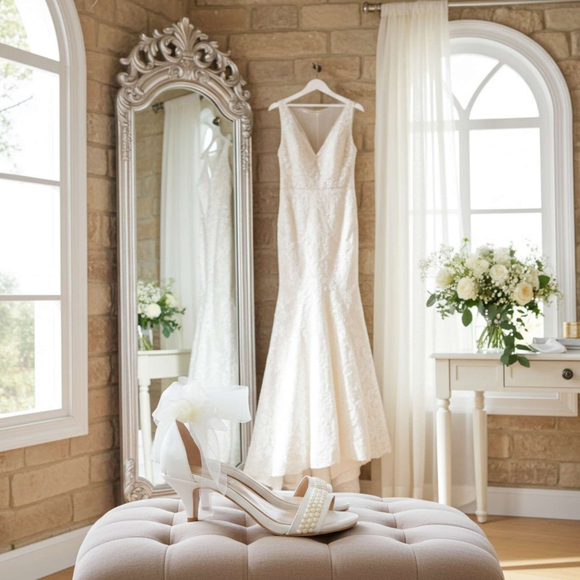 White wedding dress hanging in a room with a mirror and flowers. Pearl bridal shoes are in front on a footstool.