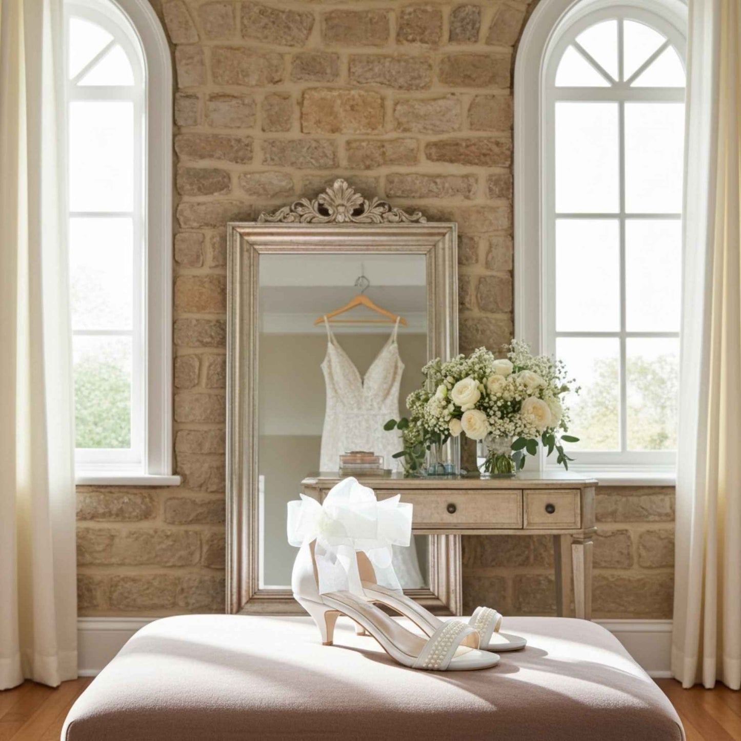 Wedding dress on a hanger with ivory pearl shoes and flowers in a room with stone walls and large windows.