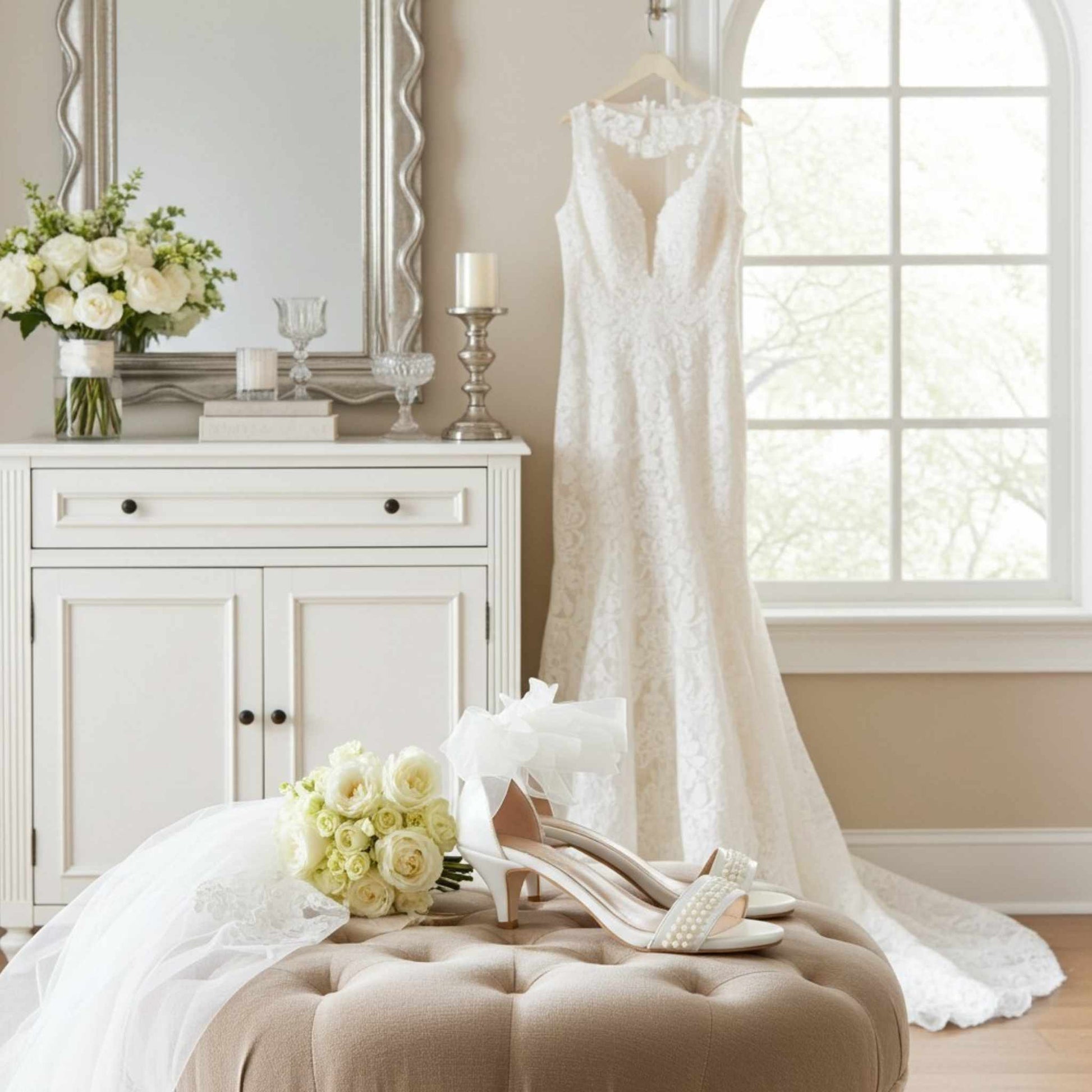 Lace wedding dress on a hanger in a room with flowers and a mirror. Pearl kitten heels re on a footstool with organza straps.
