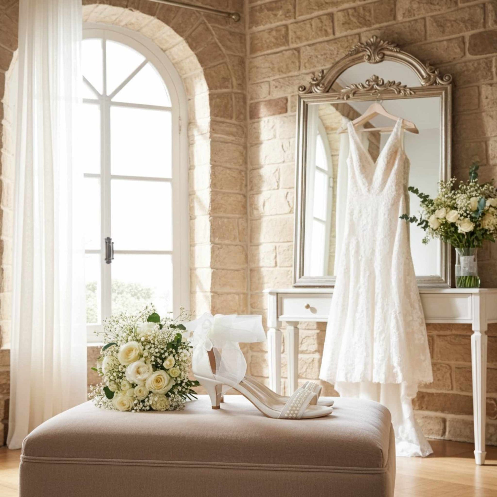 Wedding dress hanging on a mirror with a bouquet and pearl shoes on an ottoman in a room with stone walls.