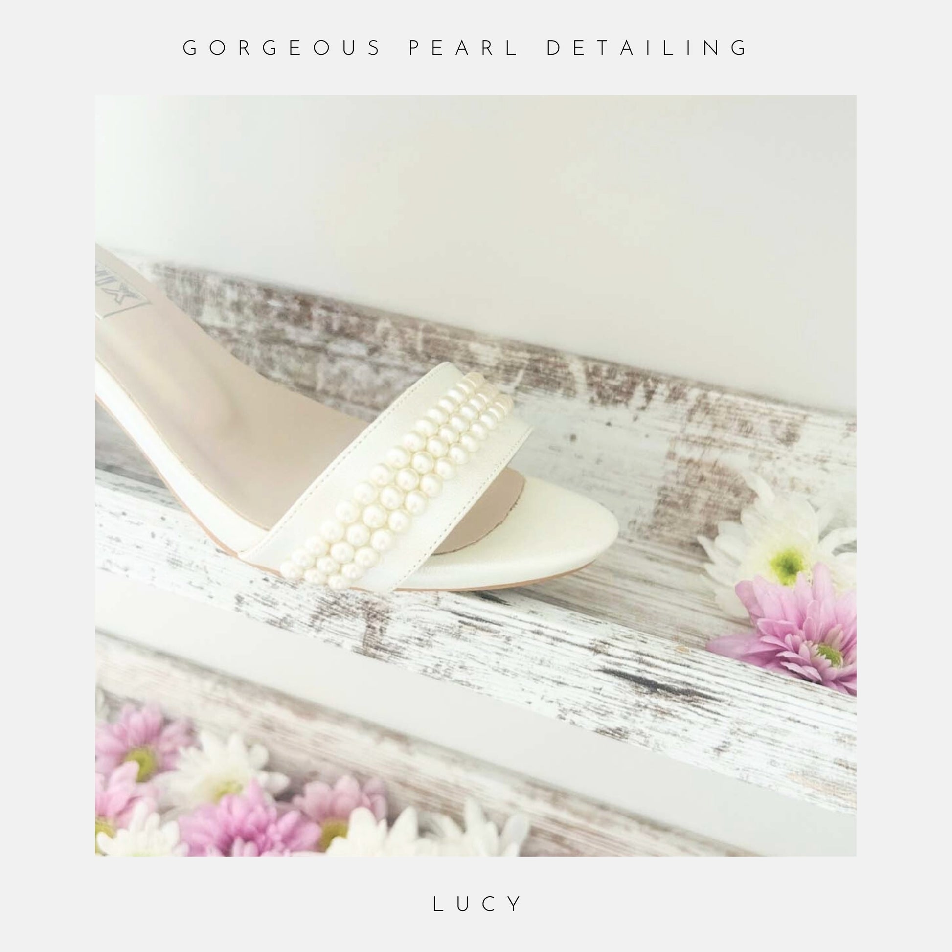 Pearl-embellished ivory bridal shoes showing close up detailing of the open toe.