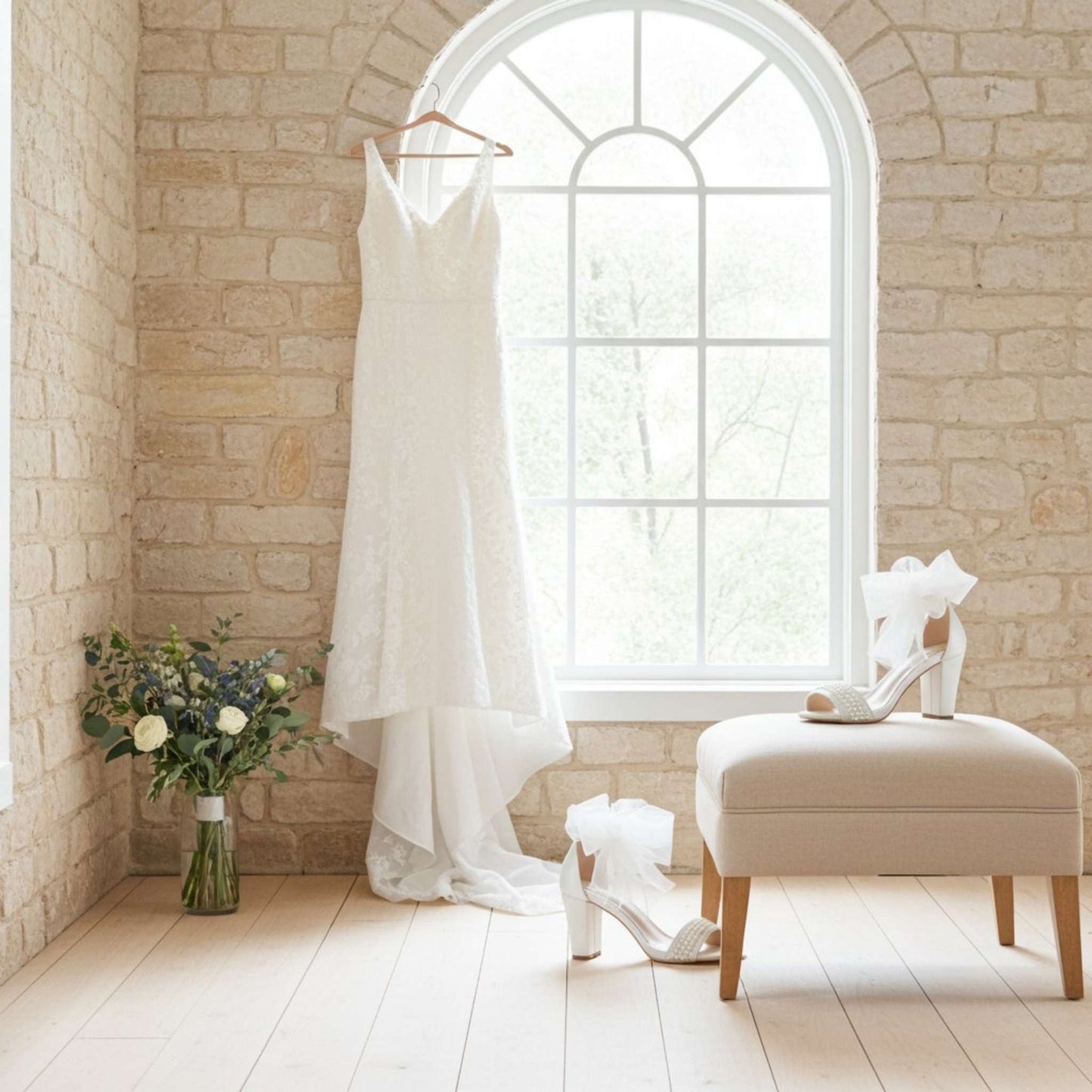 Pearl bridal shoes on a beige stool with flowers in a vase and large window with bridal gown hanging.