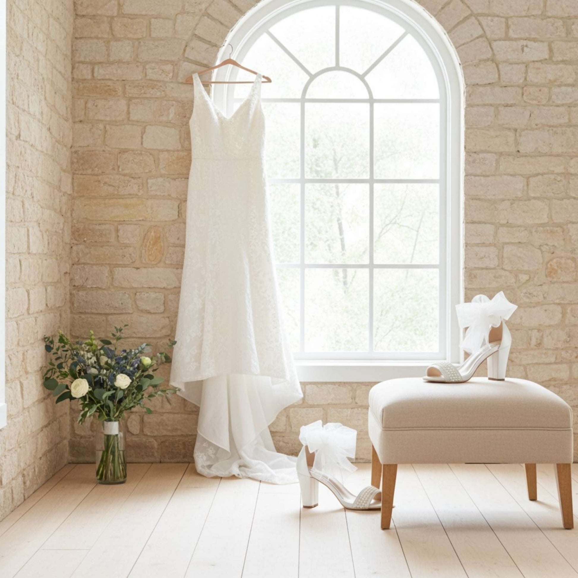 Pearl bridal shoes on a beige stool with flowers in a vase and large window with bridal gown hanging.