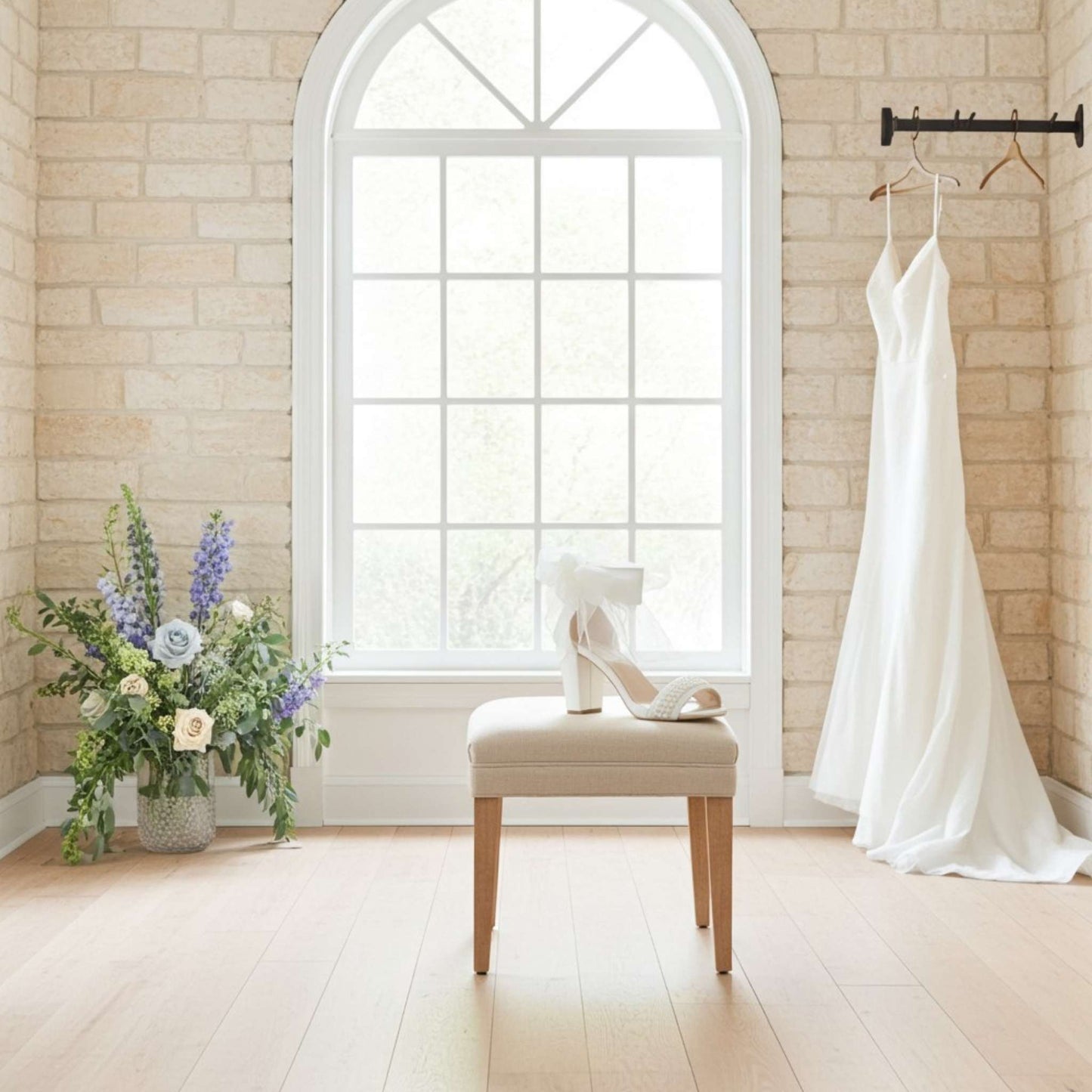 Single bridal shoe with pearl detailing on a stool with vase of spring flowers and bridal gown hung up.