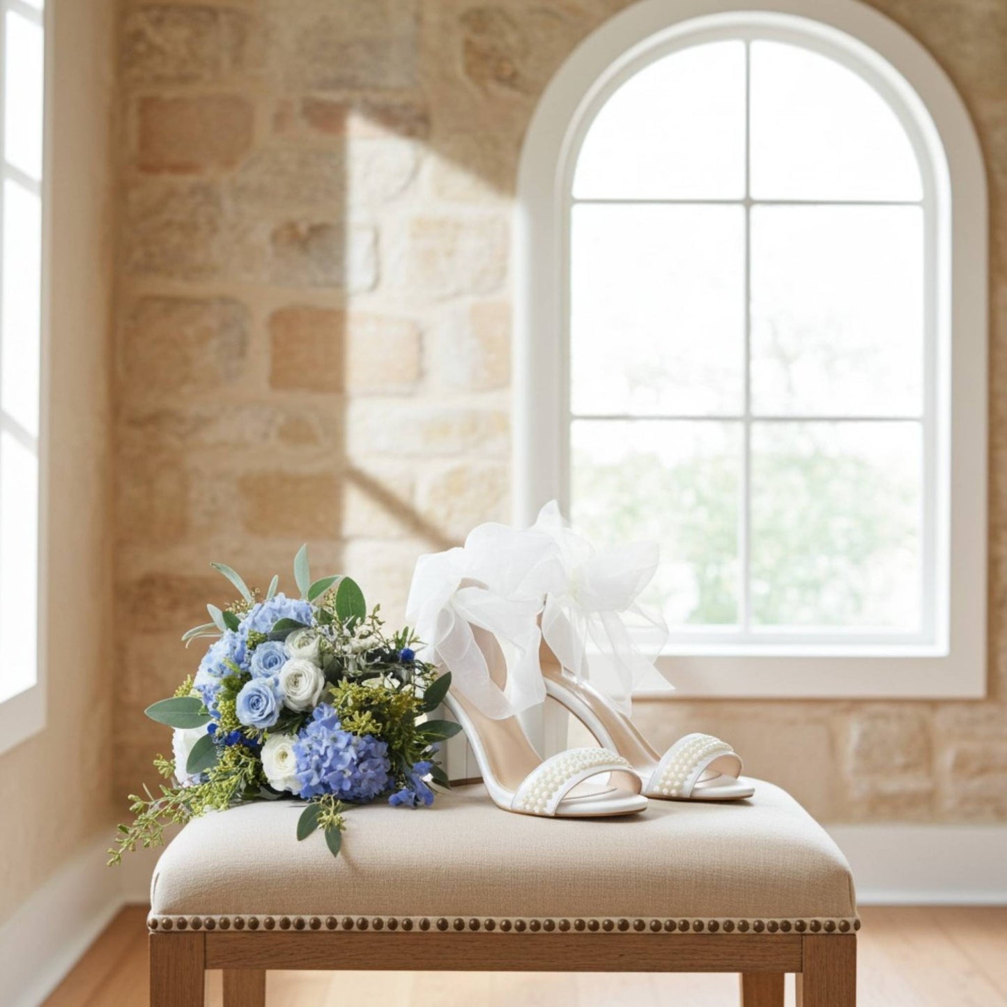 Pearl open toe bridal shoes with organza straps, bridal bouquet and large window behind.